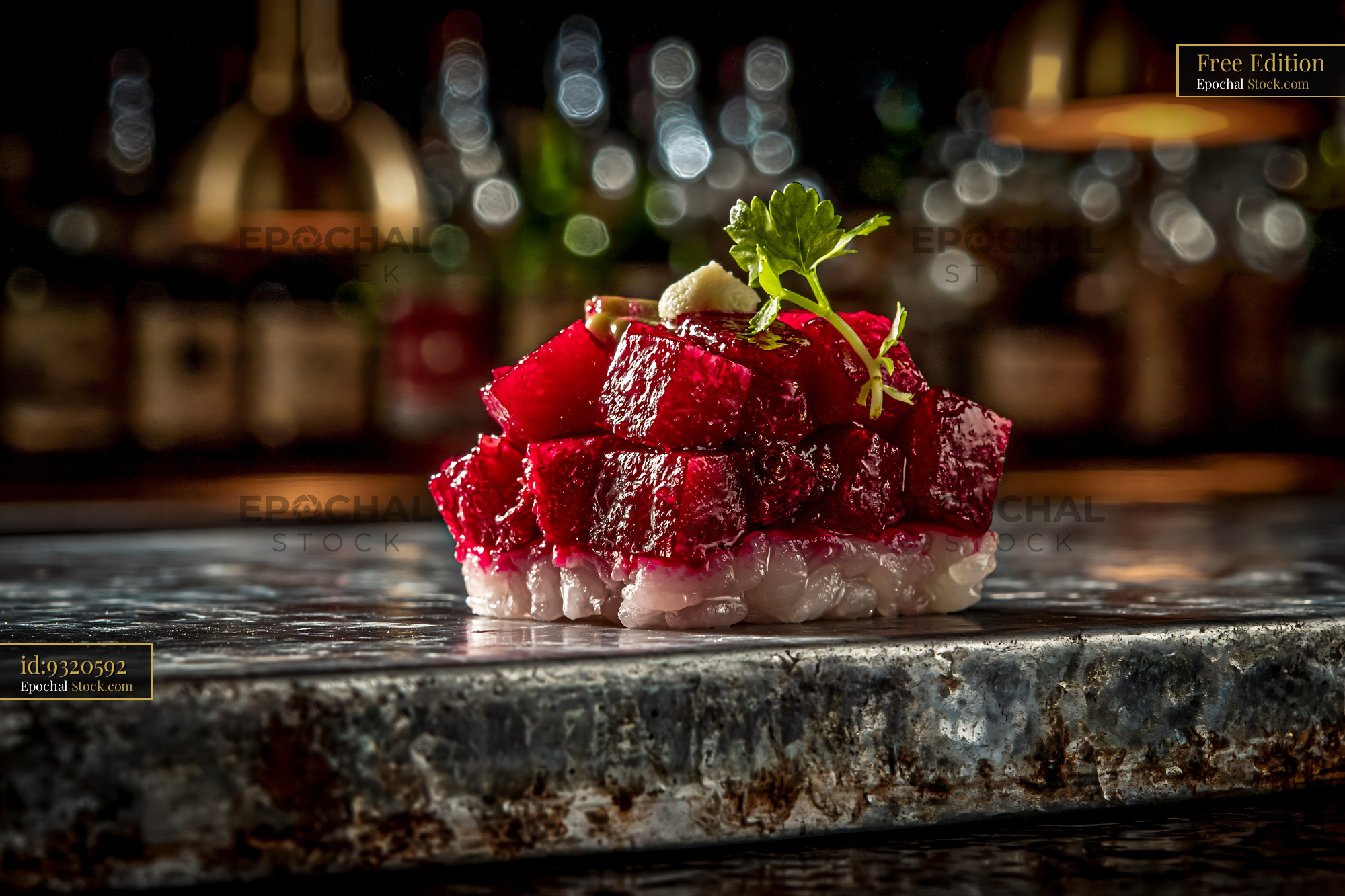 Gourmet beet tartare sushi served on a rustic bar counter - stock photo