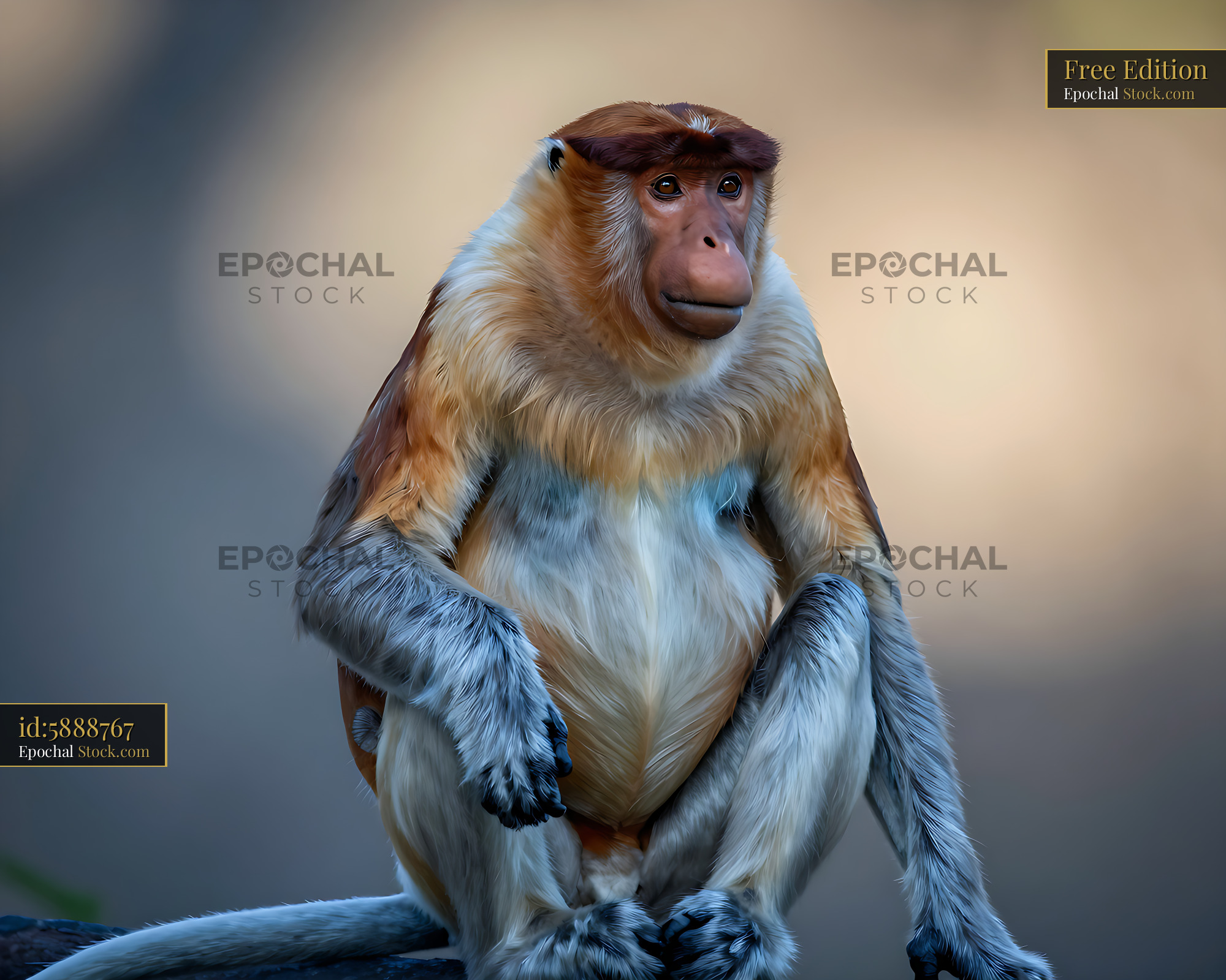 Proboscis monkey sitting calmly against a soft blurred background - stock photo