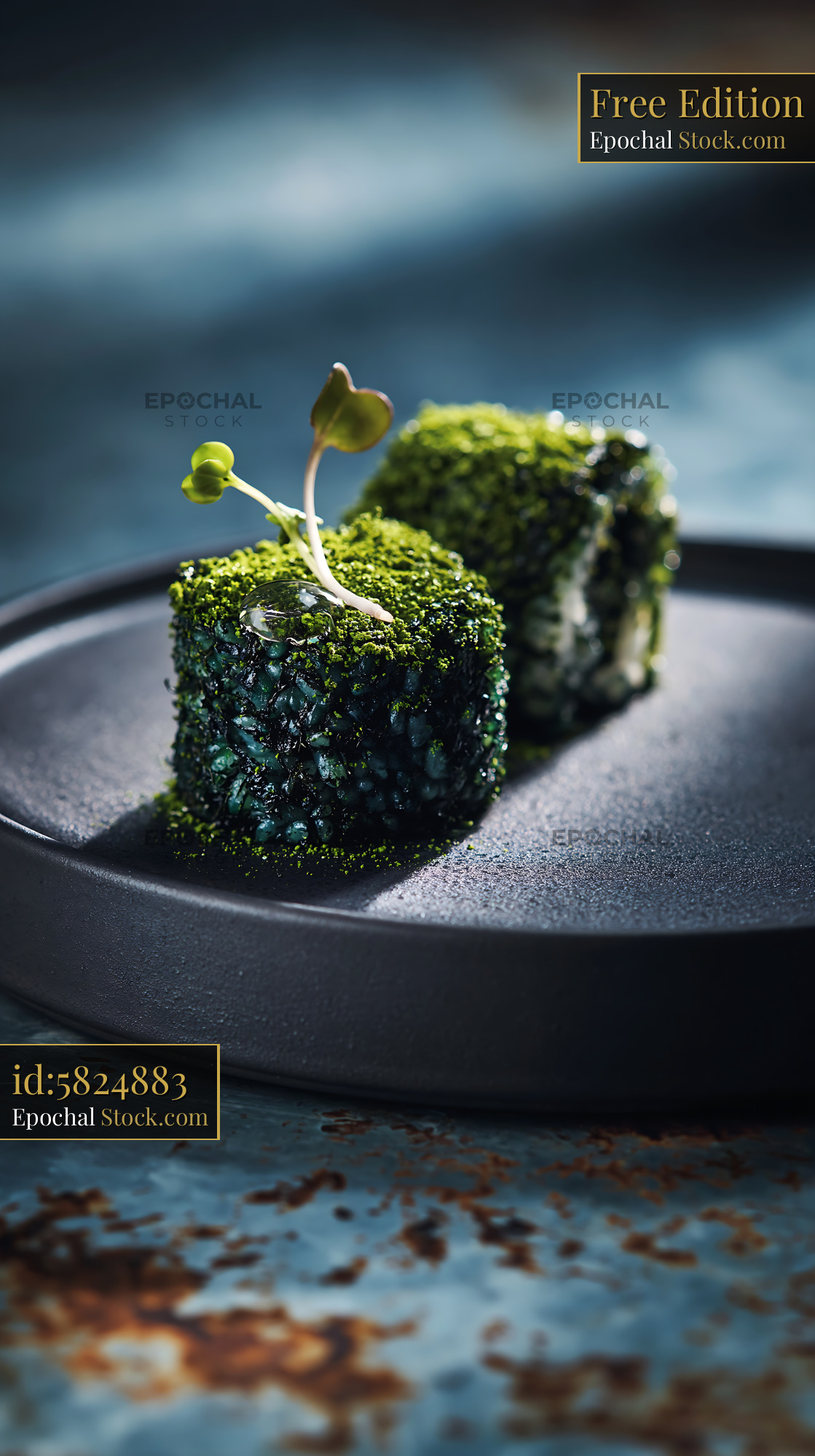 Gourmet spirulina powder sushi rolls on a dark minimalist plate - stock photo