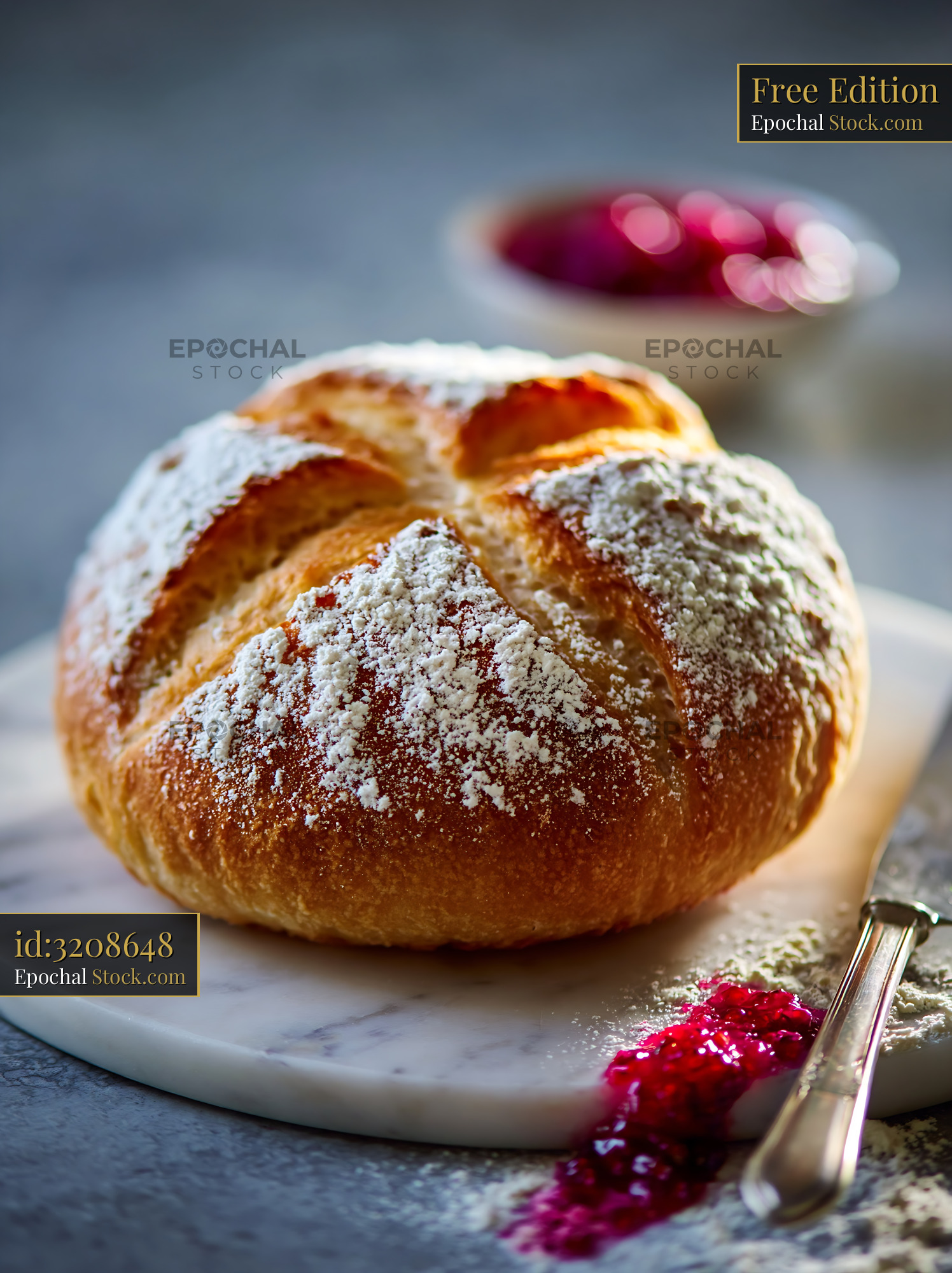 Freshly baked salt rising german bread with jam on a marble board - stock photo