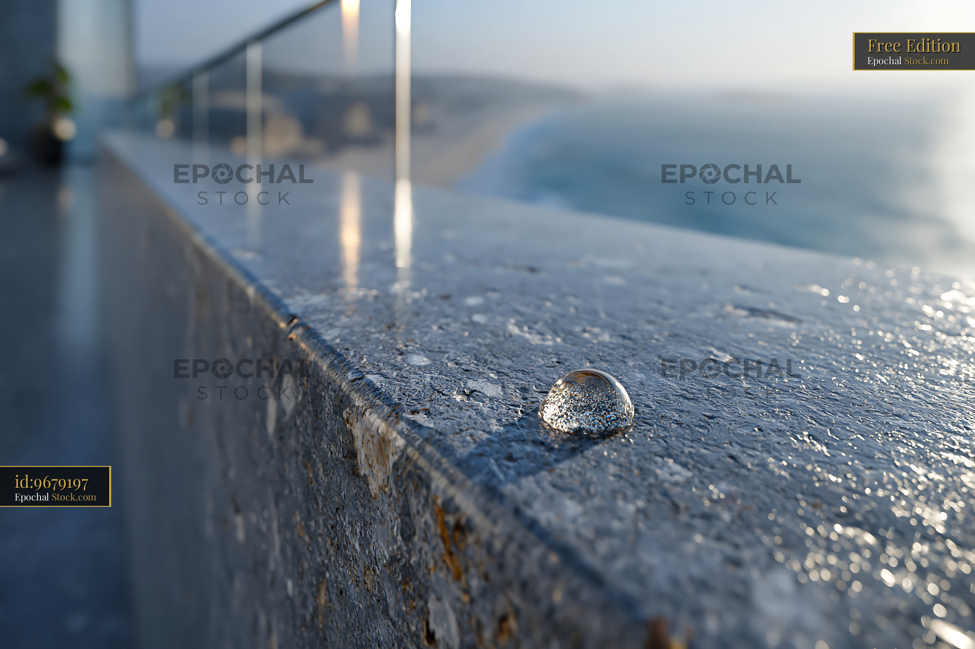 Luxury hotel balcony view with water drop on marble railing - stock photo