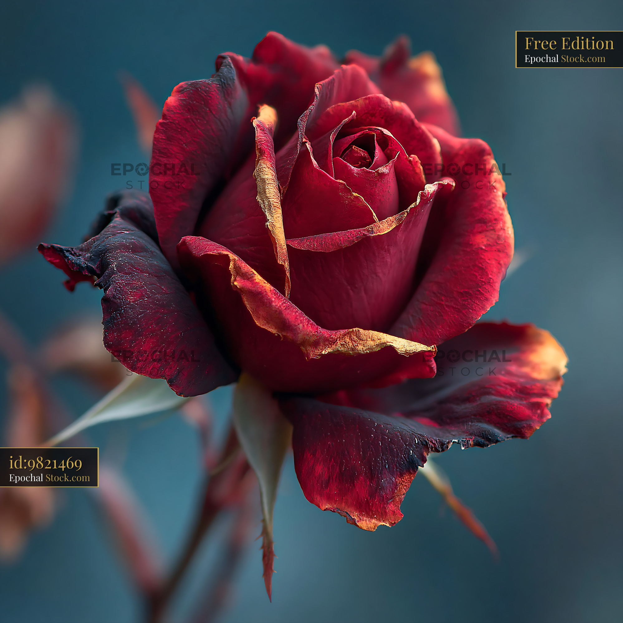 Deep red rose with withered edges symbolizing the end of summer - stock photo