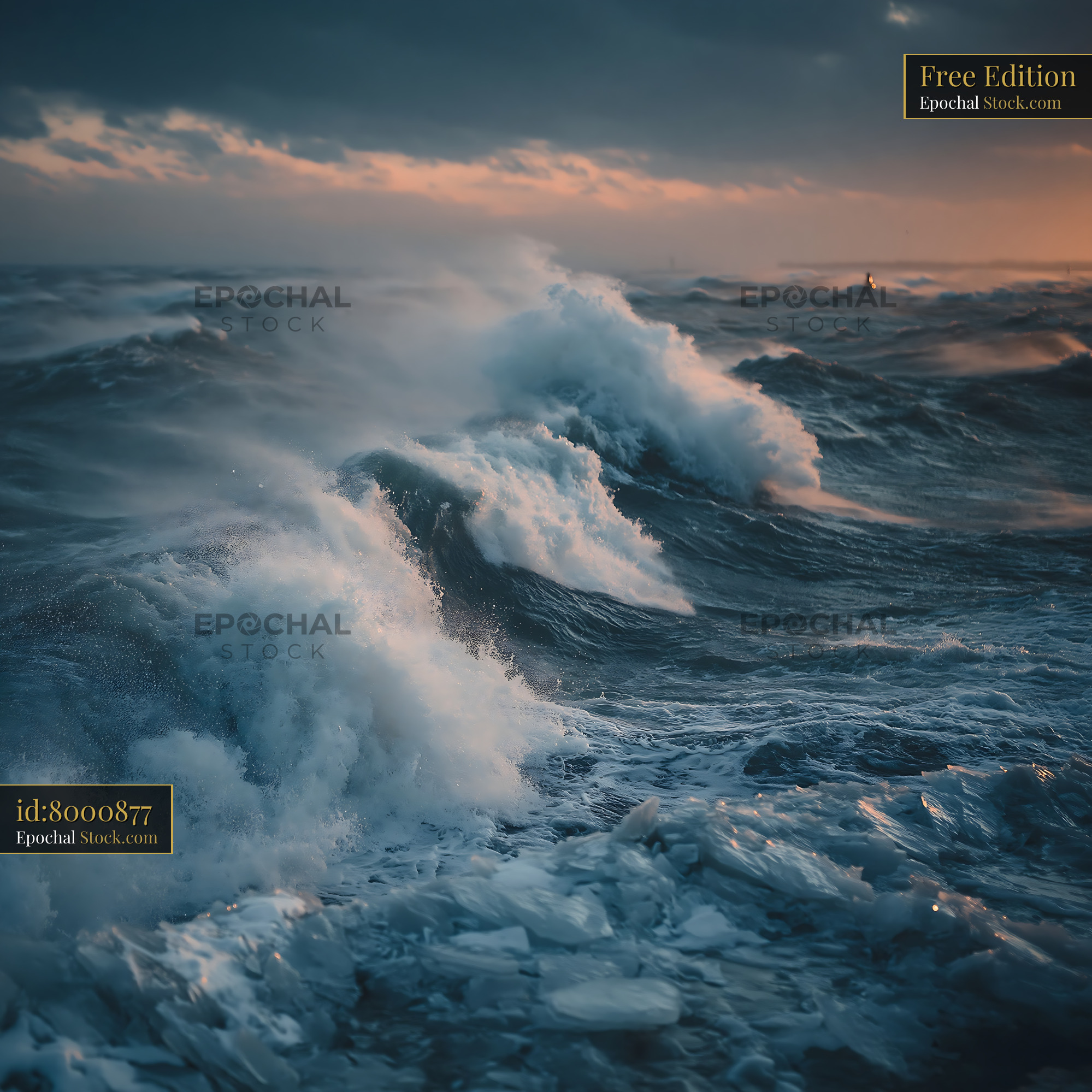 Powerful ocean waves crashing on icy shore at winter dusk - stock photo