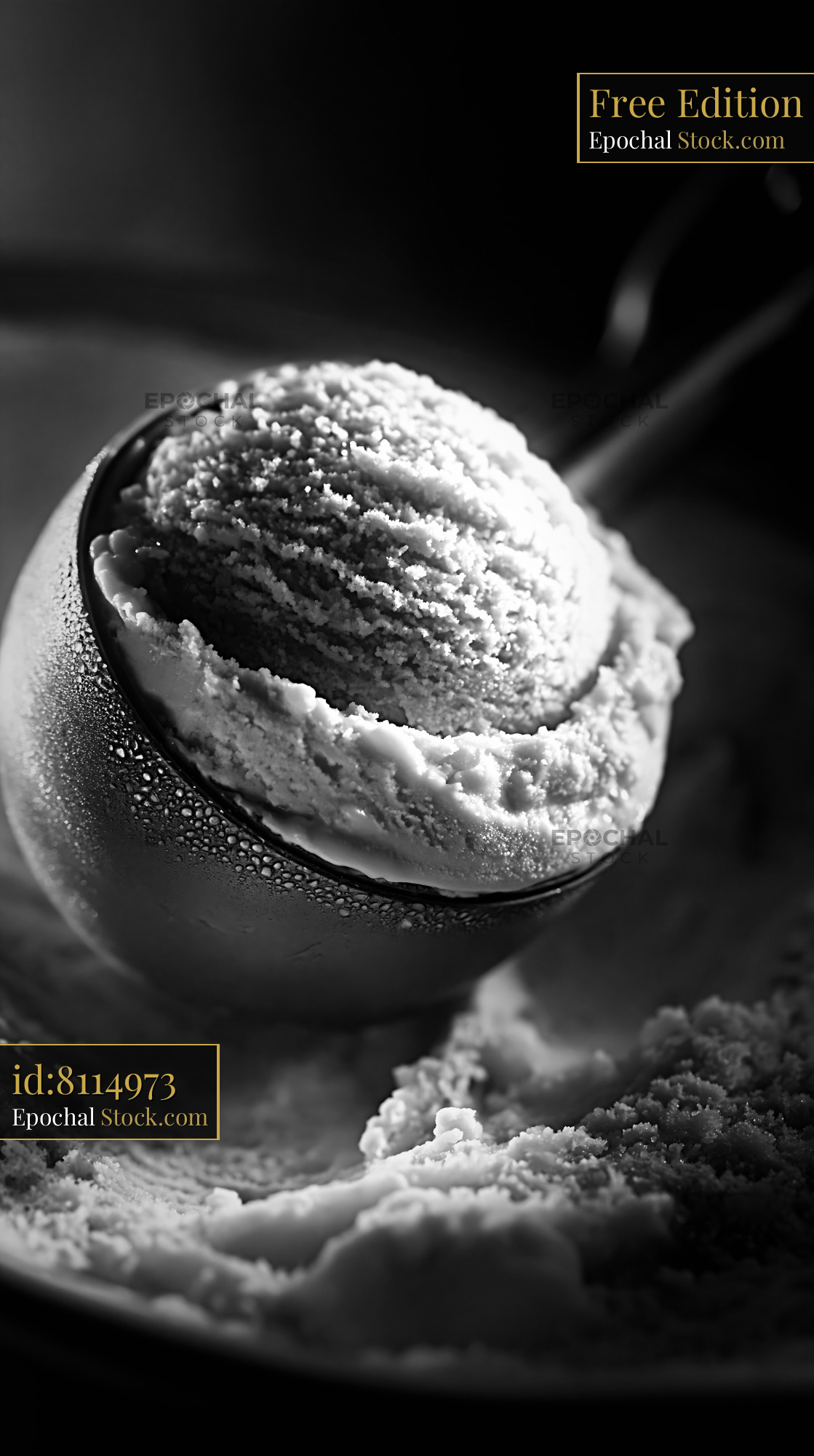 Gourmet amaretto ice cream scoop with frost in dramatic lighting - stock photo
