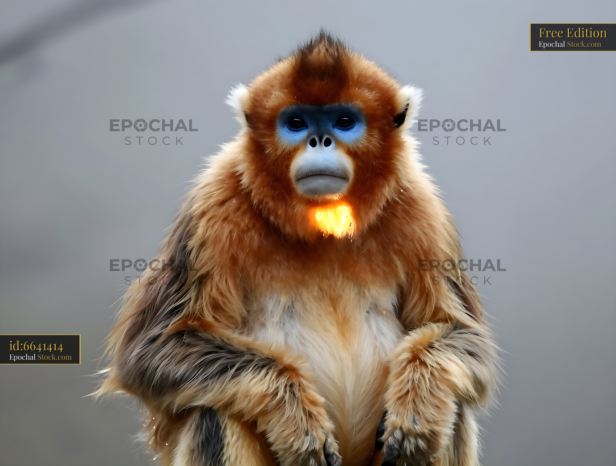 Golden snub-nosed monkey with vibrant orange fur and blue face - stock photo