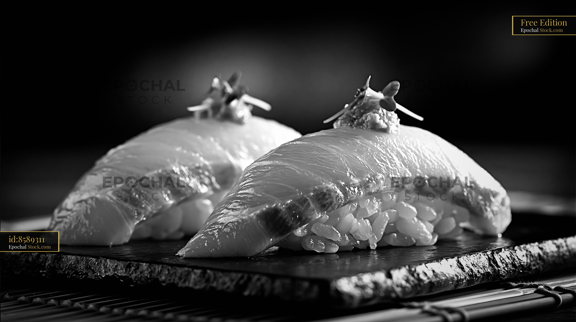 Yuzu kosho yellowtail sushi on a slate plate in black and white - stock photo