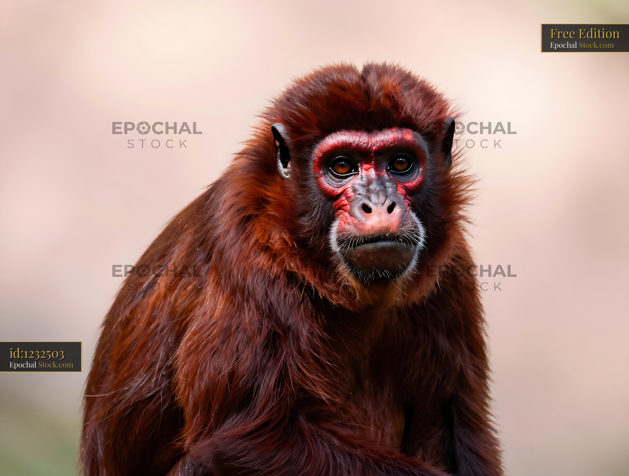 Bald Uakari monkey with distinctive red face looking at camera - stock photo