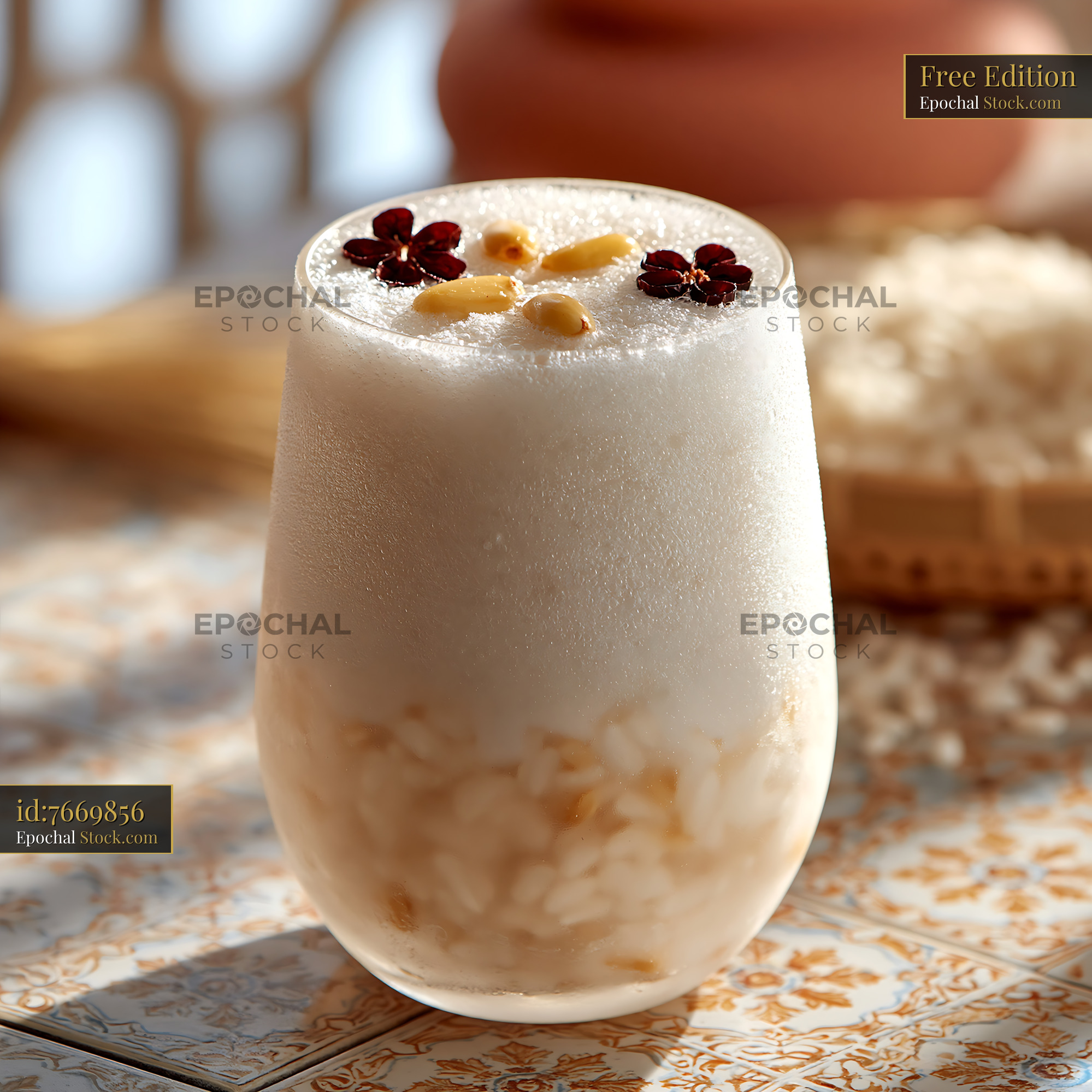 Refreshing sikhye rice smoothie garnished with pine nuts and jujube - stock photo