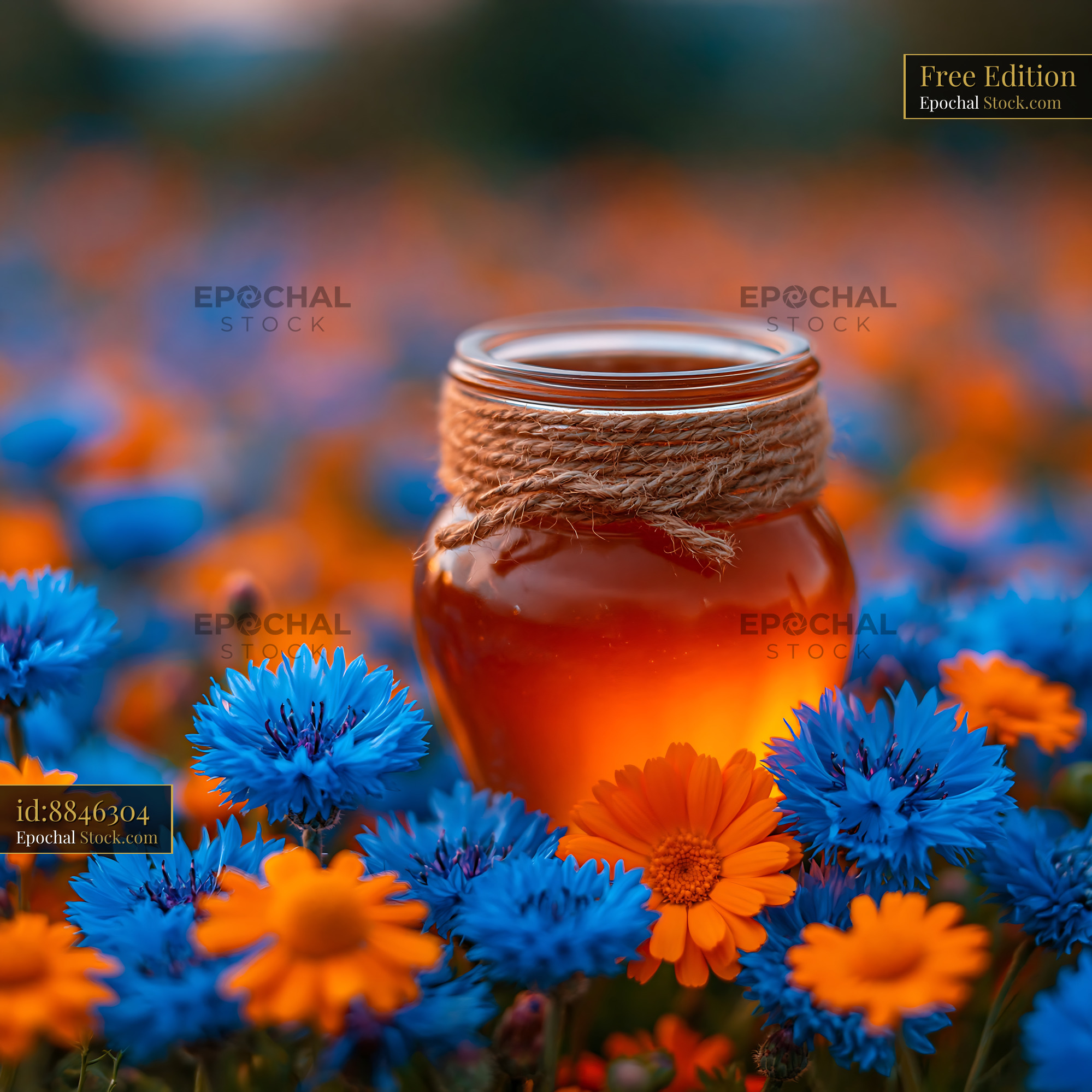 Artisanal honey jar surrounded by blue and orange wildflowers - stock photo