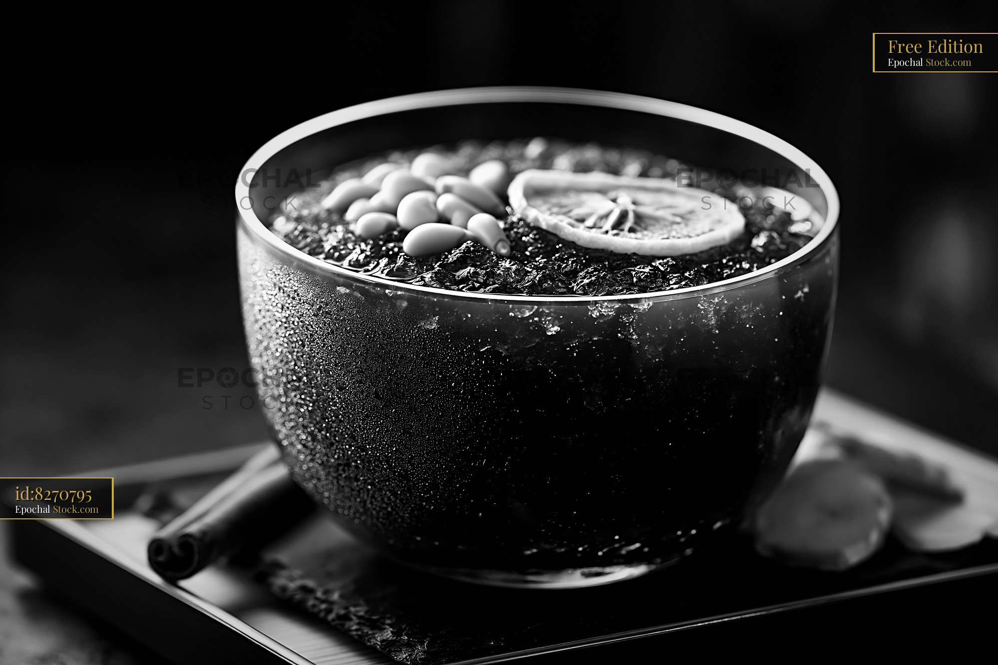 Chilled sujeonggwa smoothie with pine nuts and cinnamon in black and w - stock photo