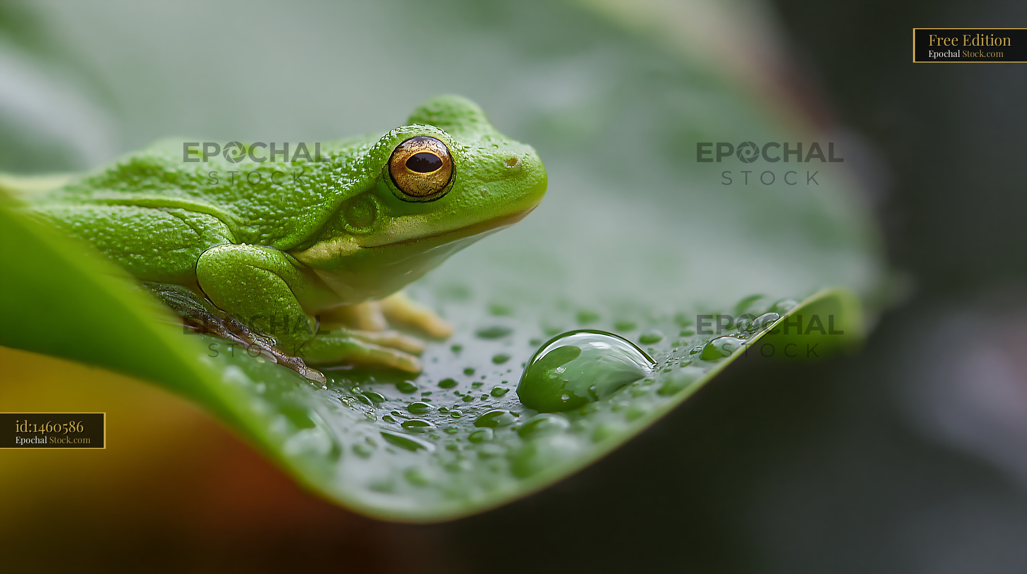 Green tree frog sitting on a wet lily pad after rain - stock photo