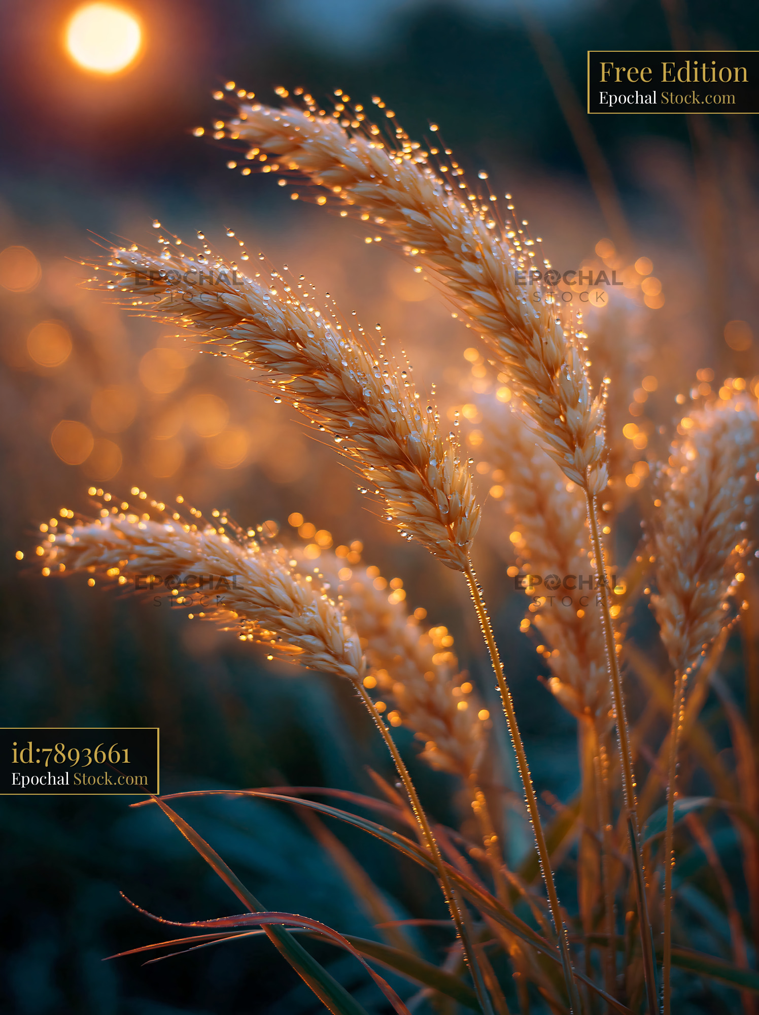 Golden sunlight meadow grass with dew drops at sunrise - stock photo