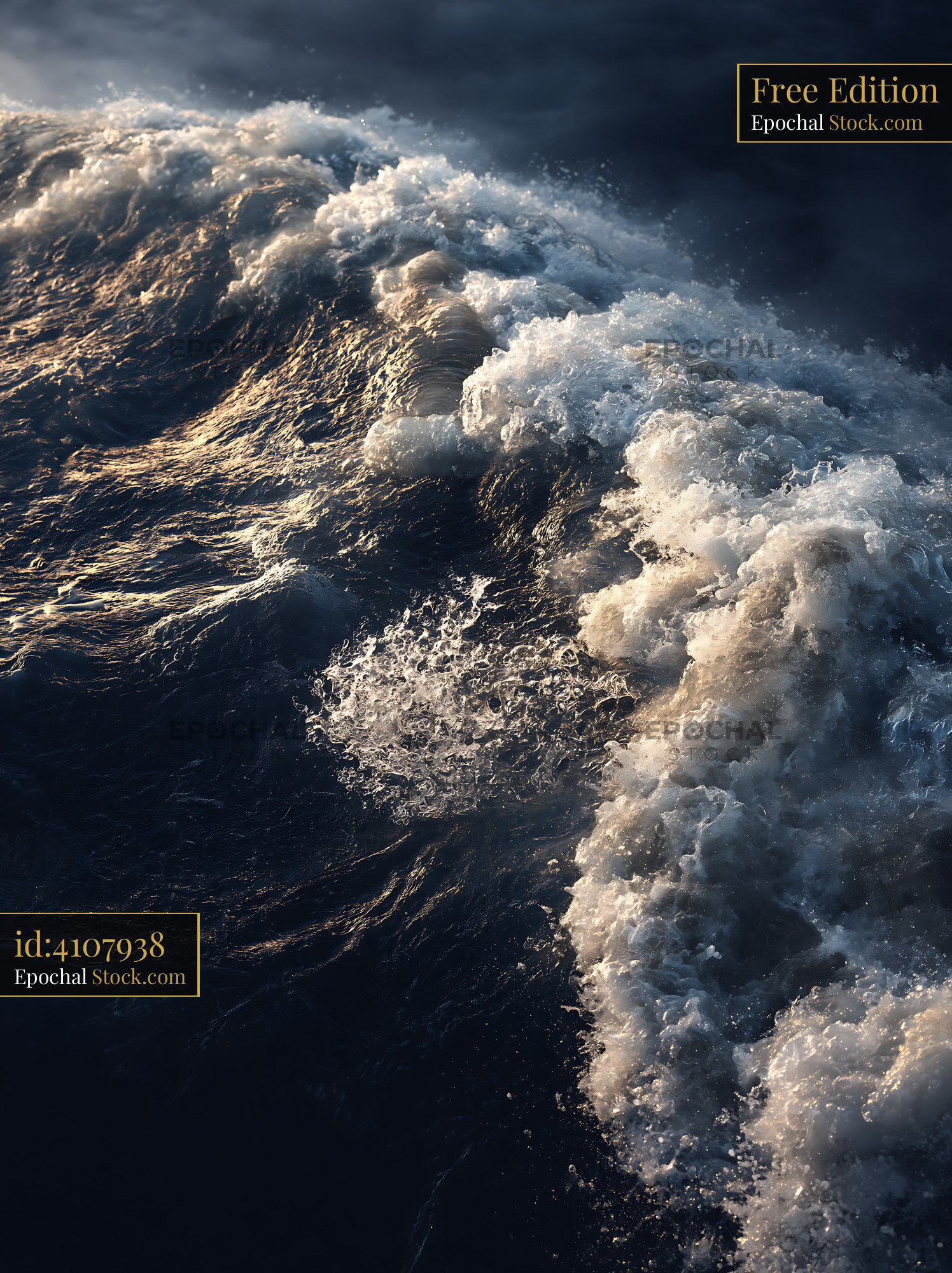 Powerful ocean wave crashing in a stormy sea during winter dusk - stock photo