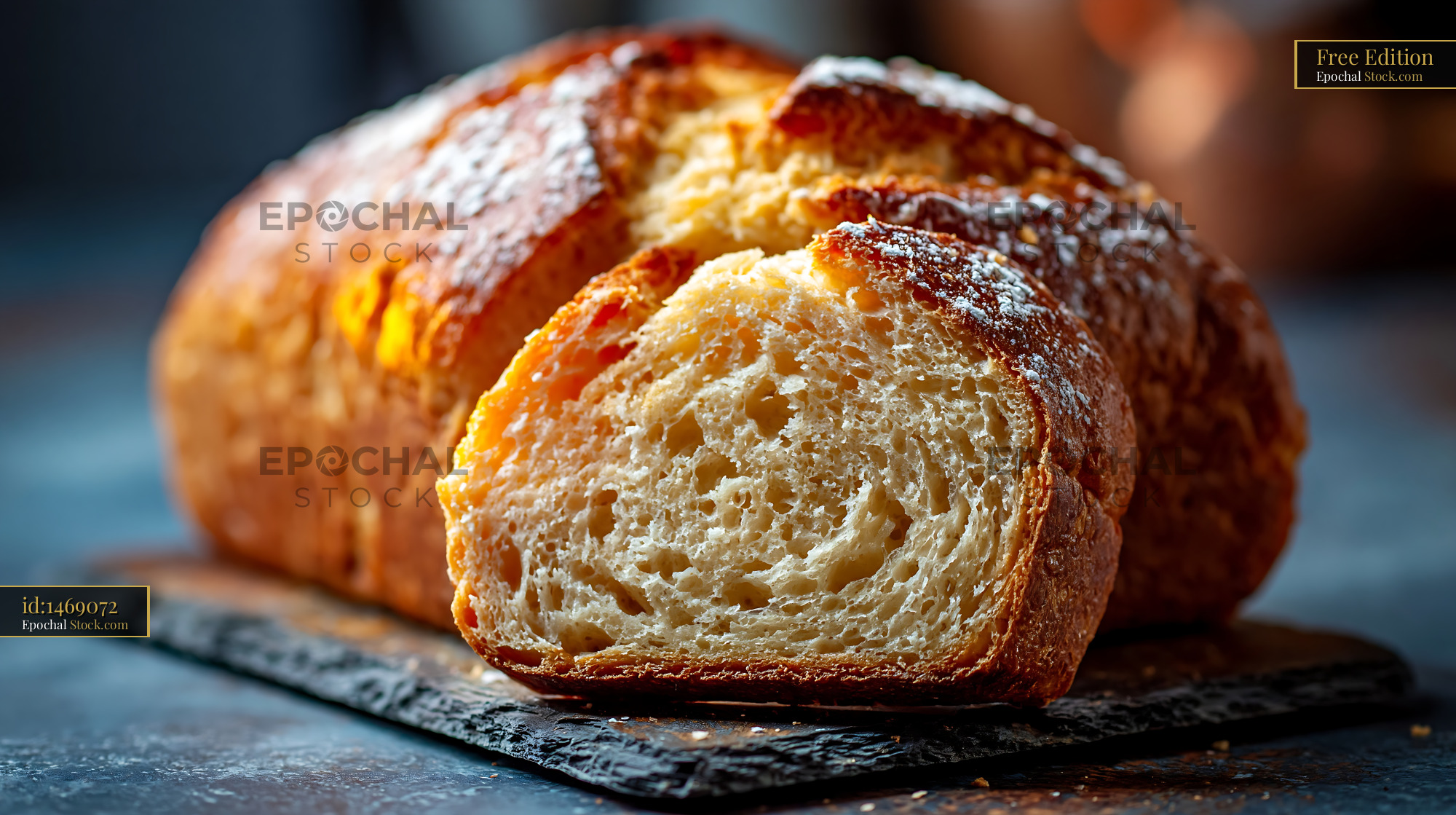 Freshly baked salt rising german bread on a dark stone board - stock photo