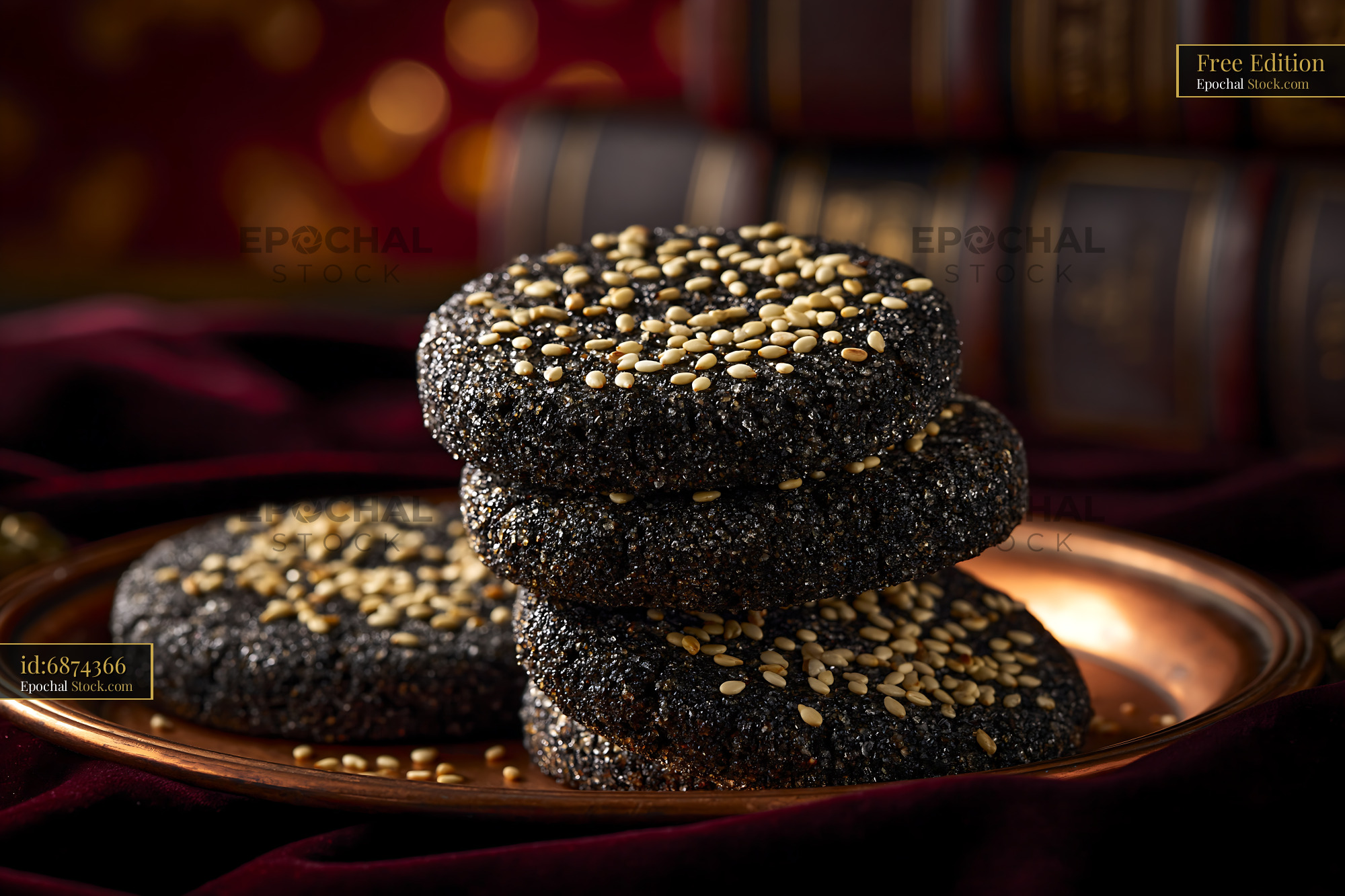 Traditional dibs el kharroub biscuits with sesame seeds on a copper pl - stock photo