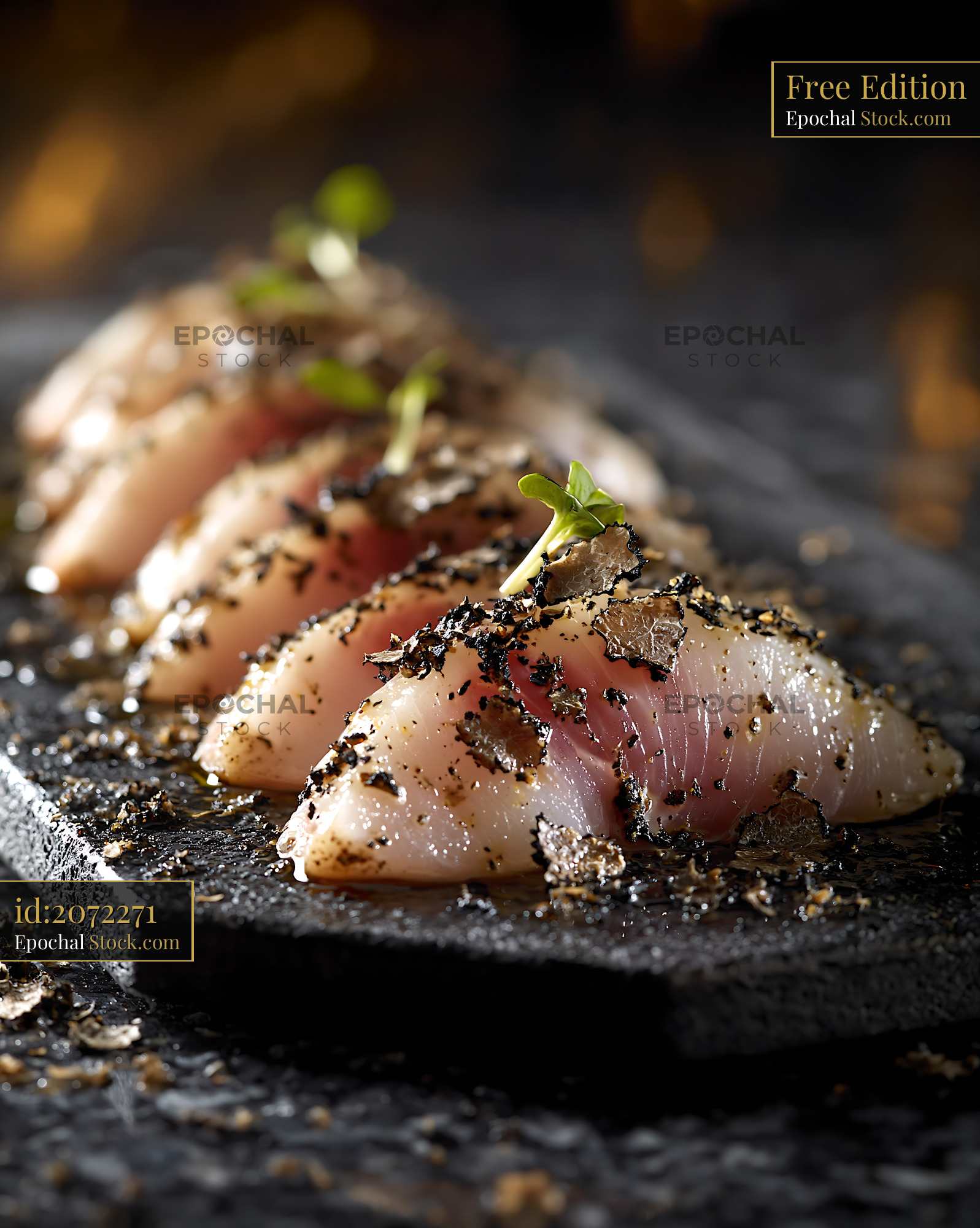 Gourmet truffle yellowtail sushi slices served on dark stone - stock photo