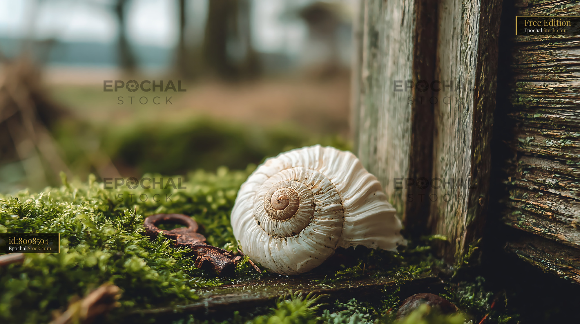 White snail shell and rusty antique key on vibrant wet moss - stock photo