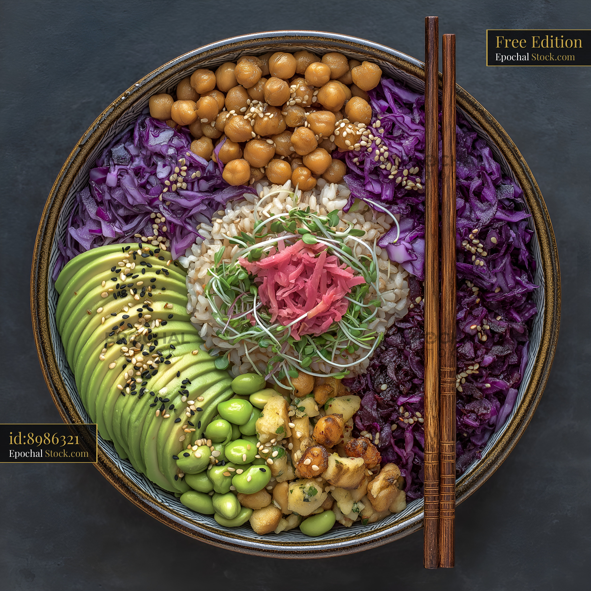 Colorful bowl of fresh food with vegetables and grains Free Premium Stock Photo