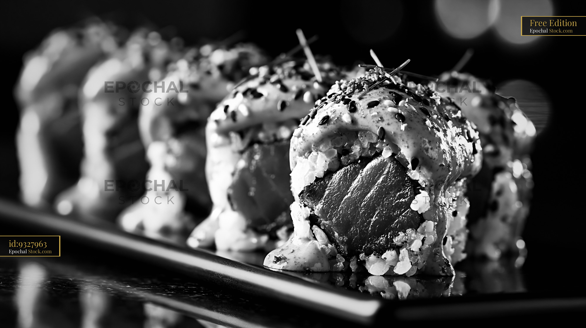 Gourmet sriracha mayo tuna sushi rolls in black and white - stock photo