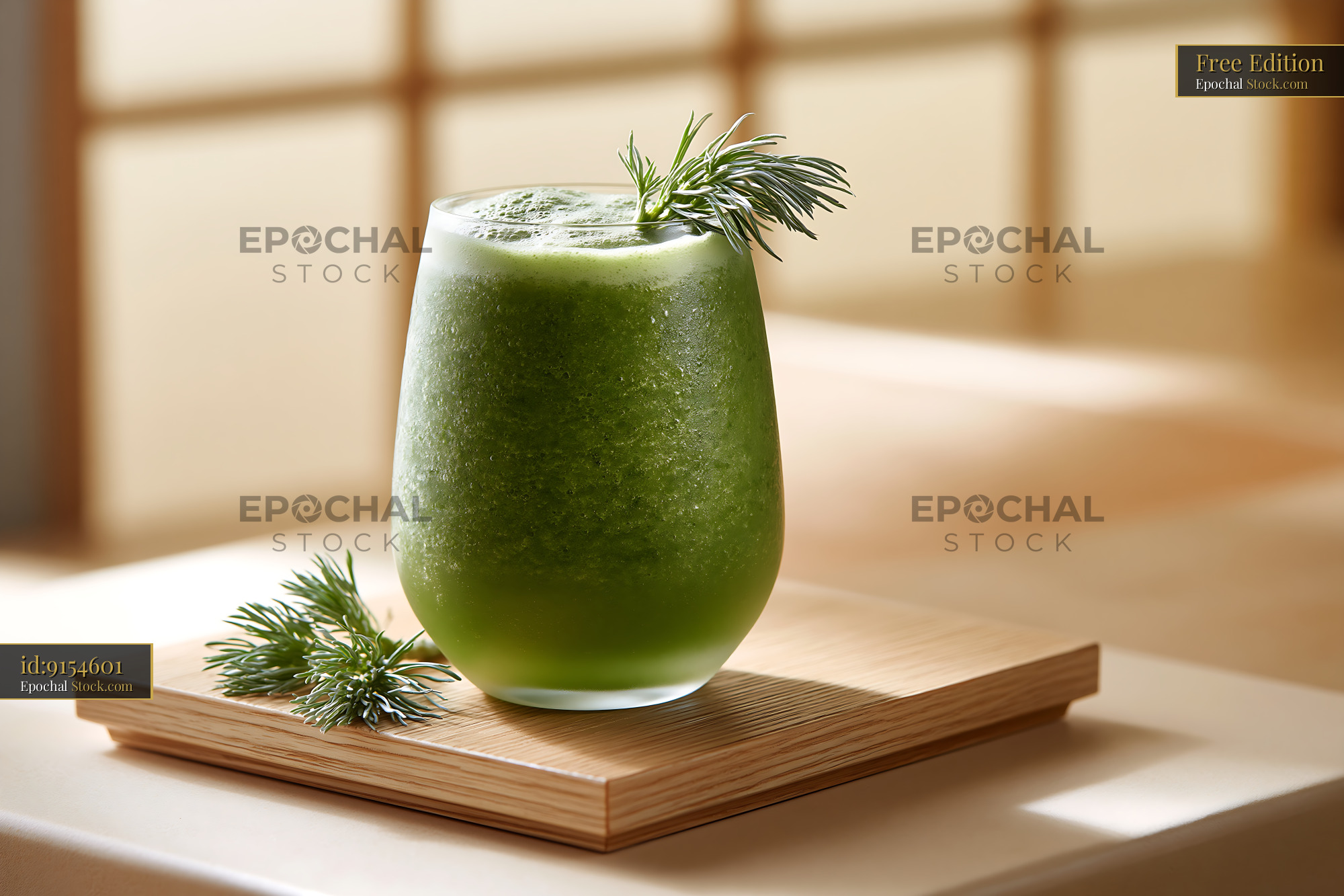Fresh mugwort herb smoothie in a glass on a minimalist wooden board - stock photo