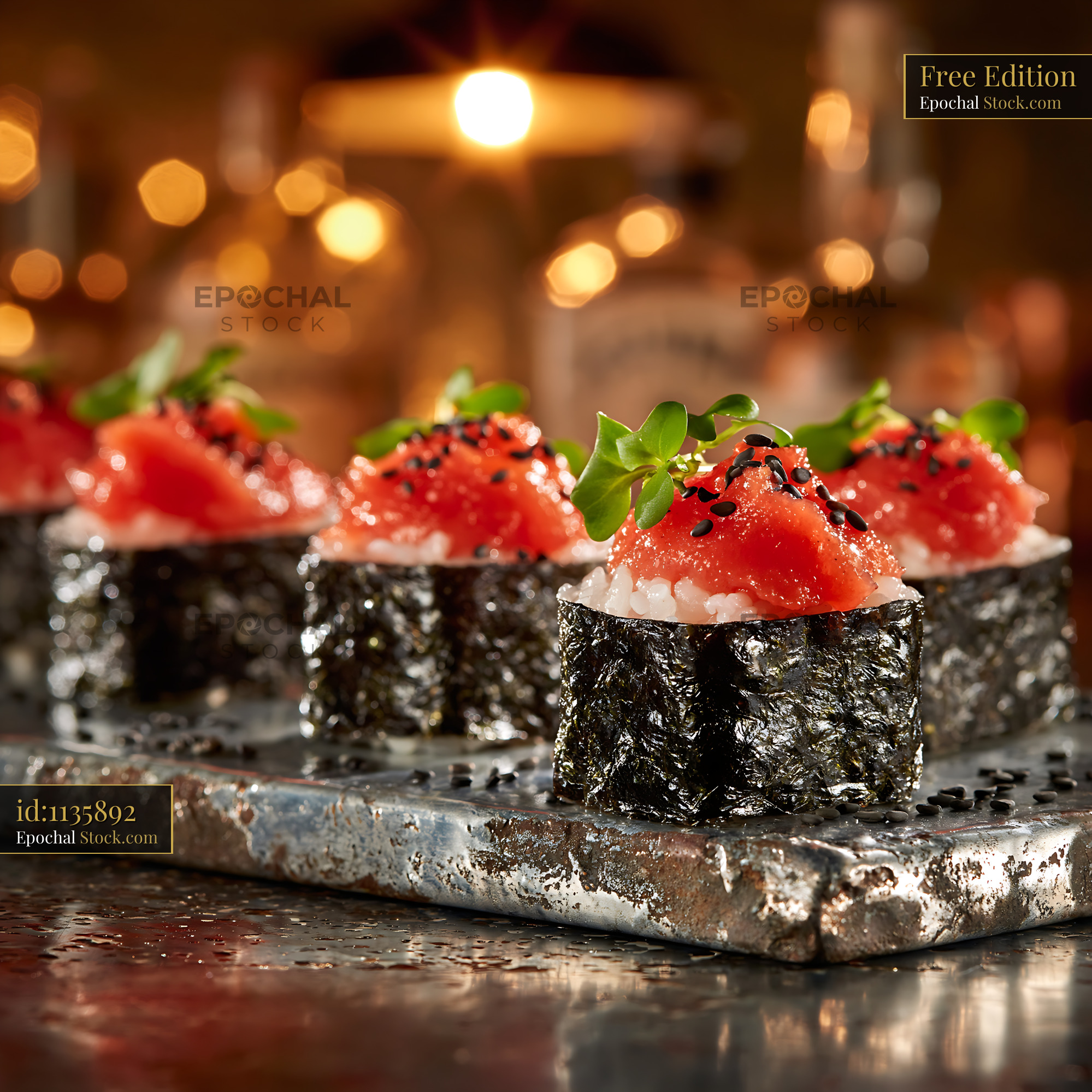 Salted plum umeboshi sushi gunkan maki served in a warm bar setting - stock photo