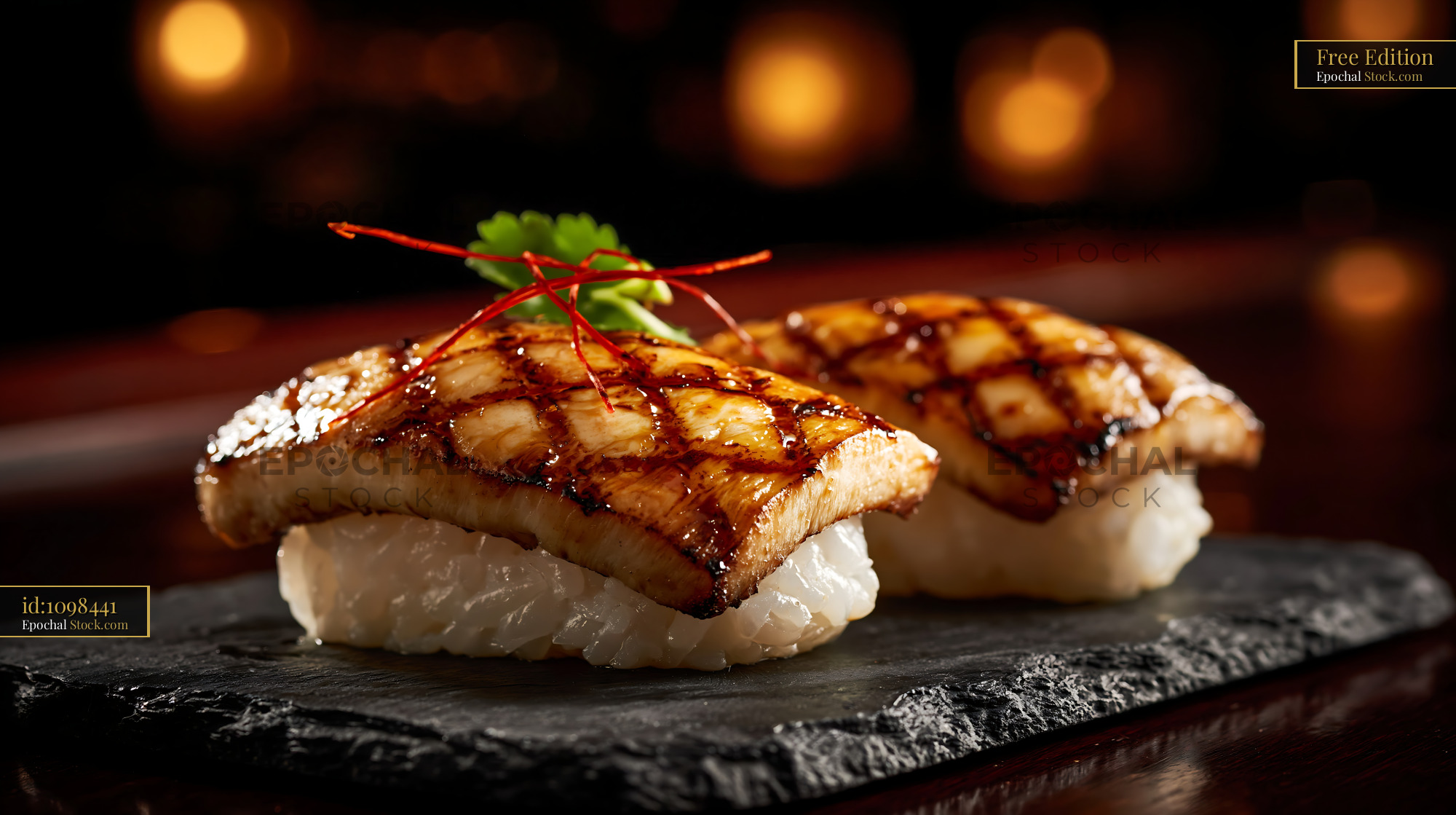 Grilled king oyster mushroom sushi nigiri on a dark stone plate - stock photo