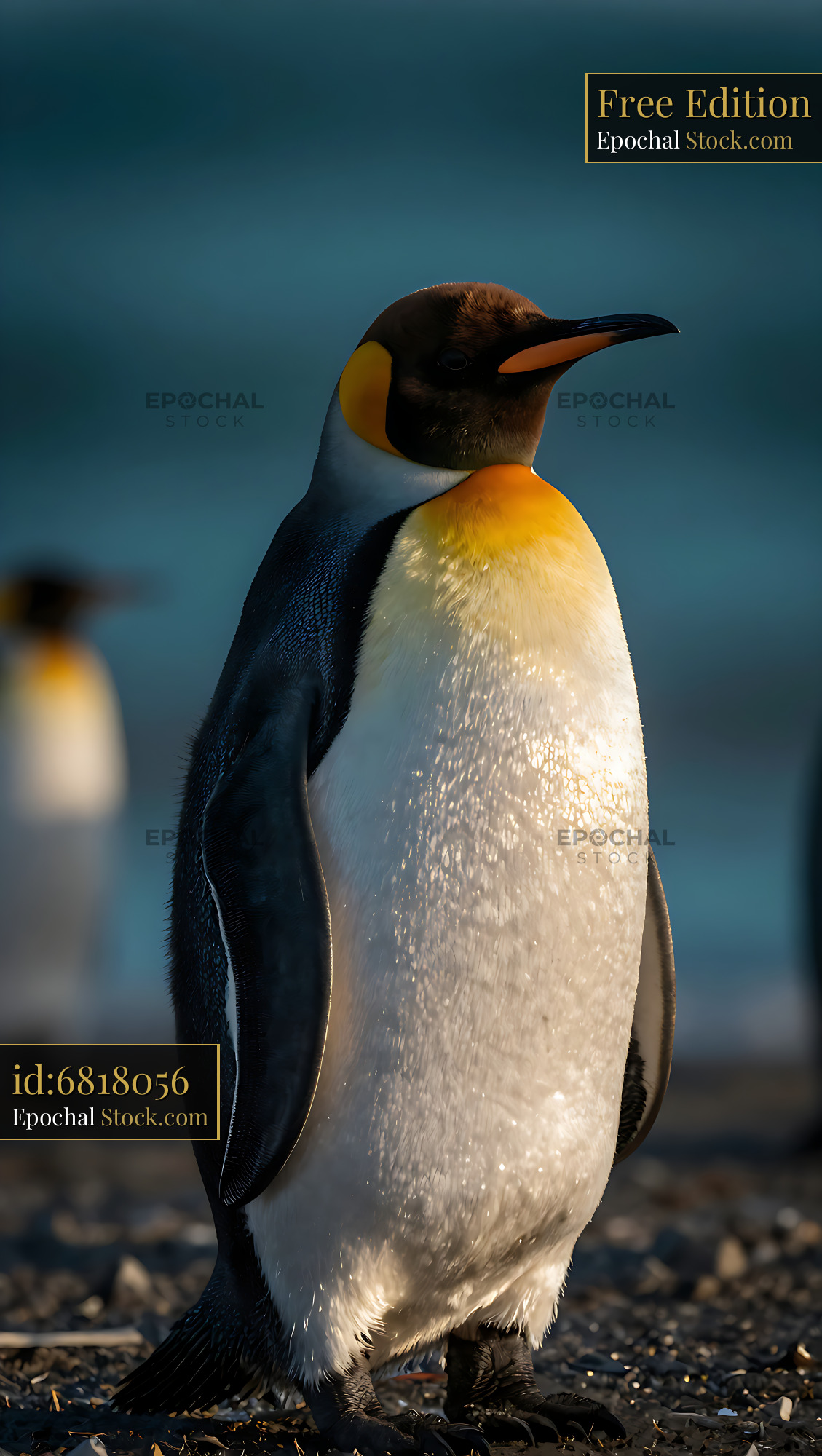 King penguin with vibrant orange plumage standing on a rocky beach - stock photo