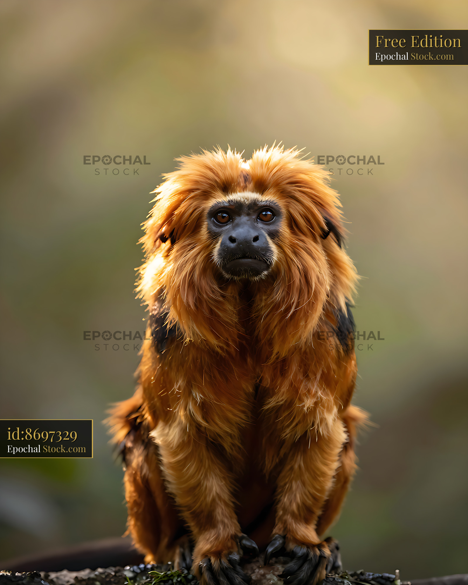 Golden lion tamarin monkey sitting on a branch in a lush forest - stock photo