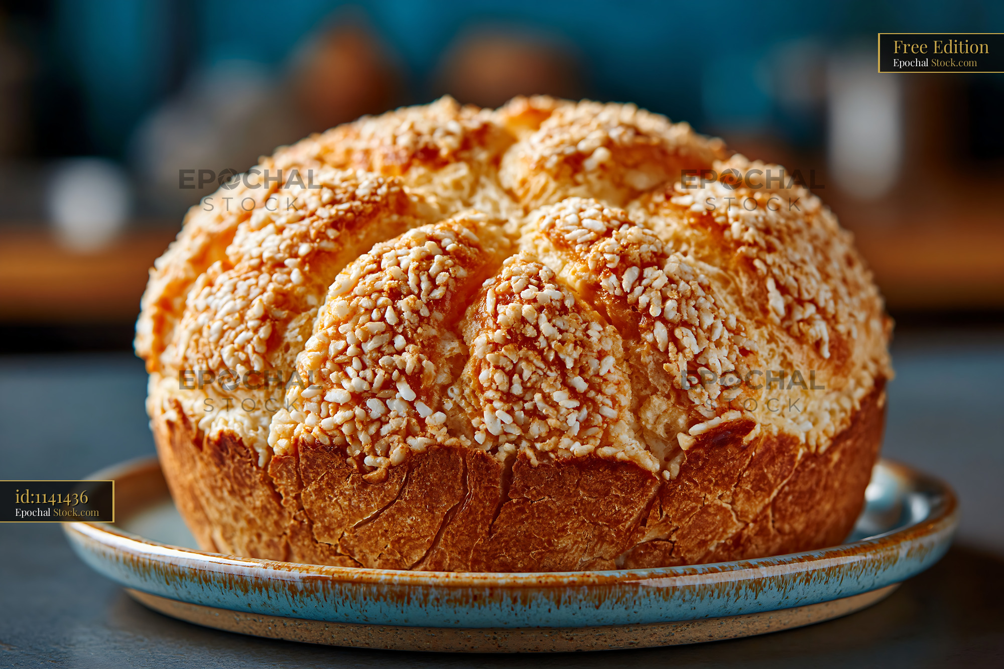 Dutch crunch german bread with cracked crust on ceramic plate - stock photo