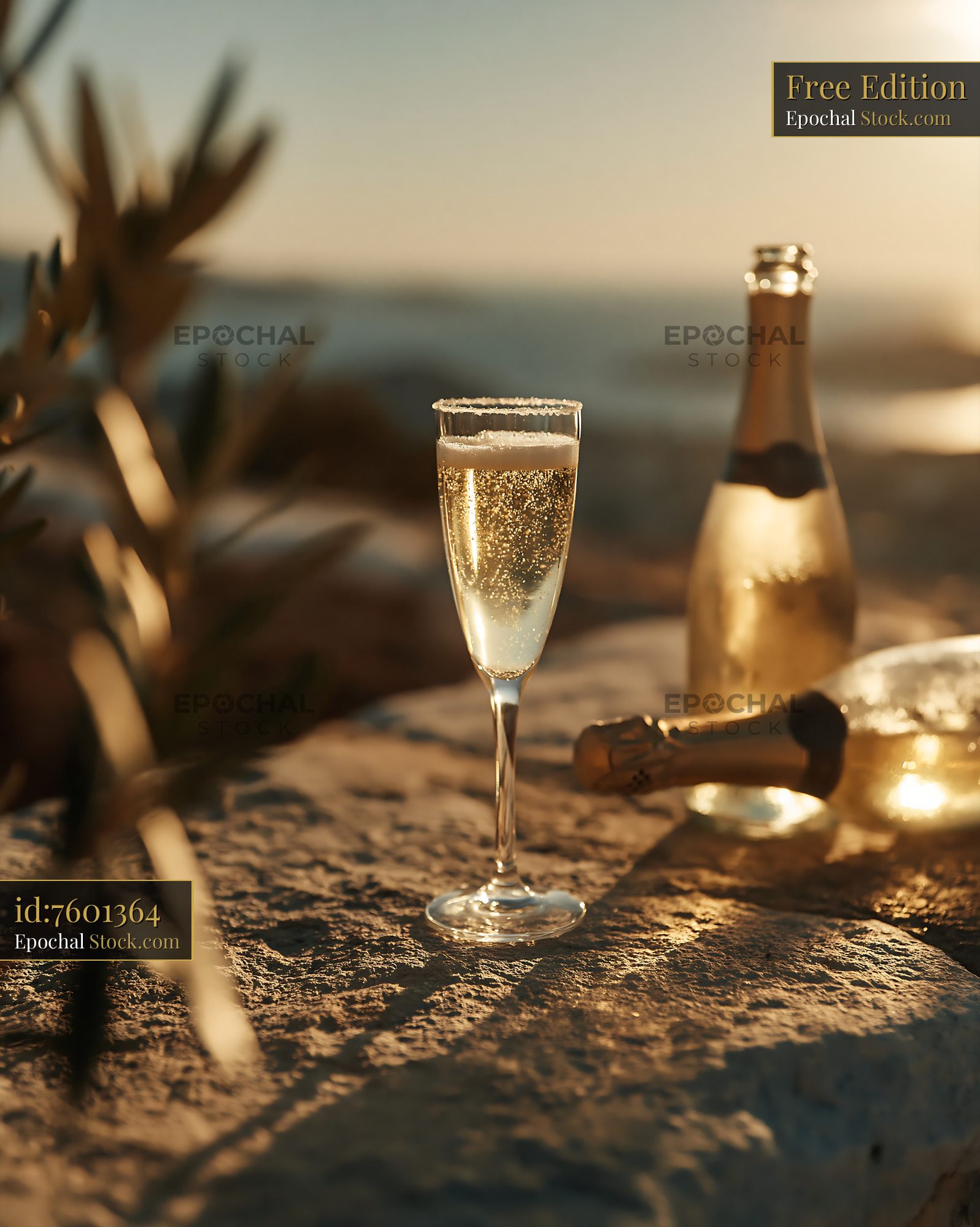 Sparkling wine glass and bottles on a mediterranean terrace at sunset - stock photo