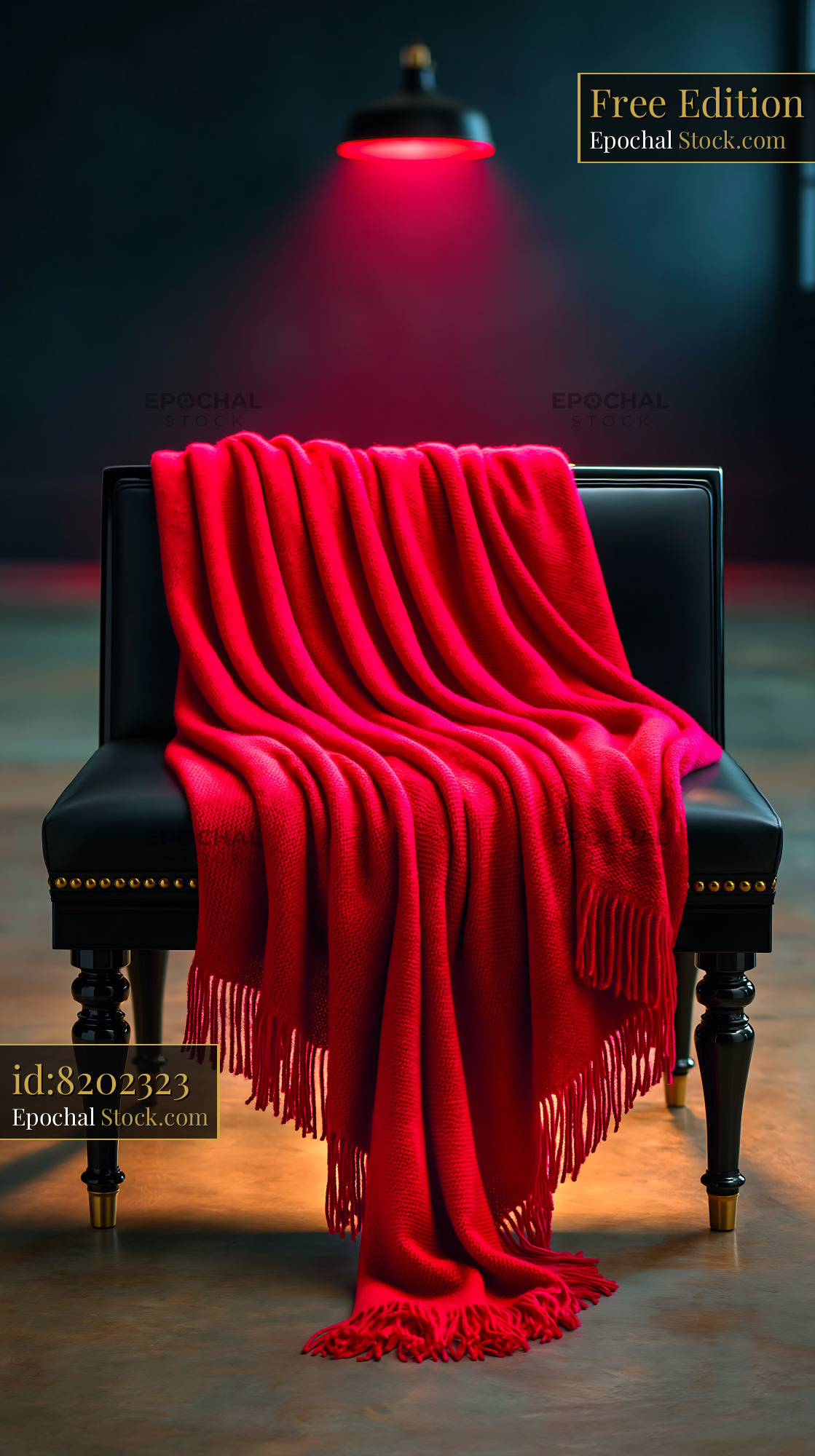 Red knitted blanket on a black elegant bench under a spotlight - stock photo