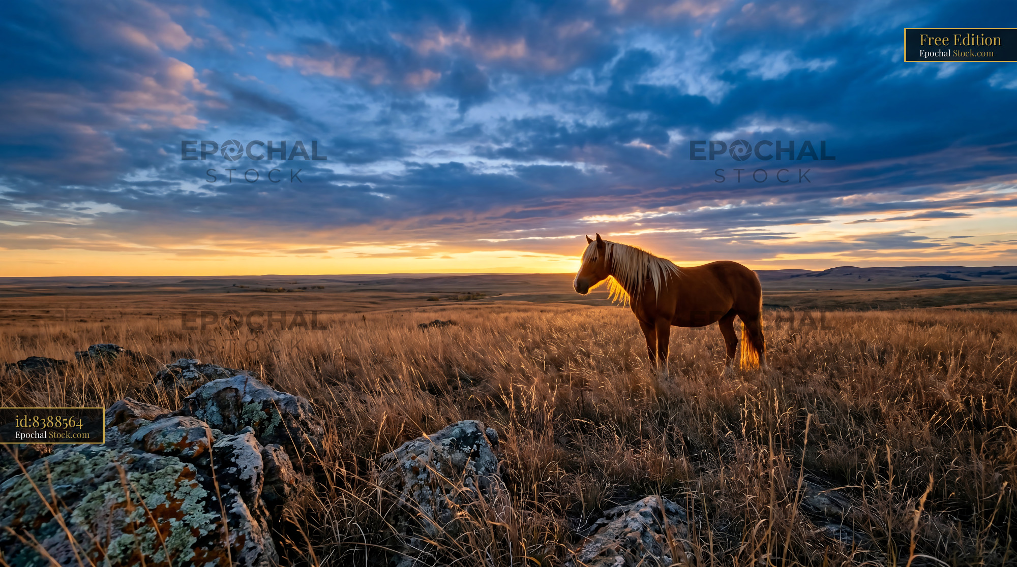 Chestnut horse with blonde mane standing in a vast prairie at sunset - stock photo
