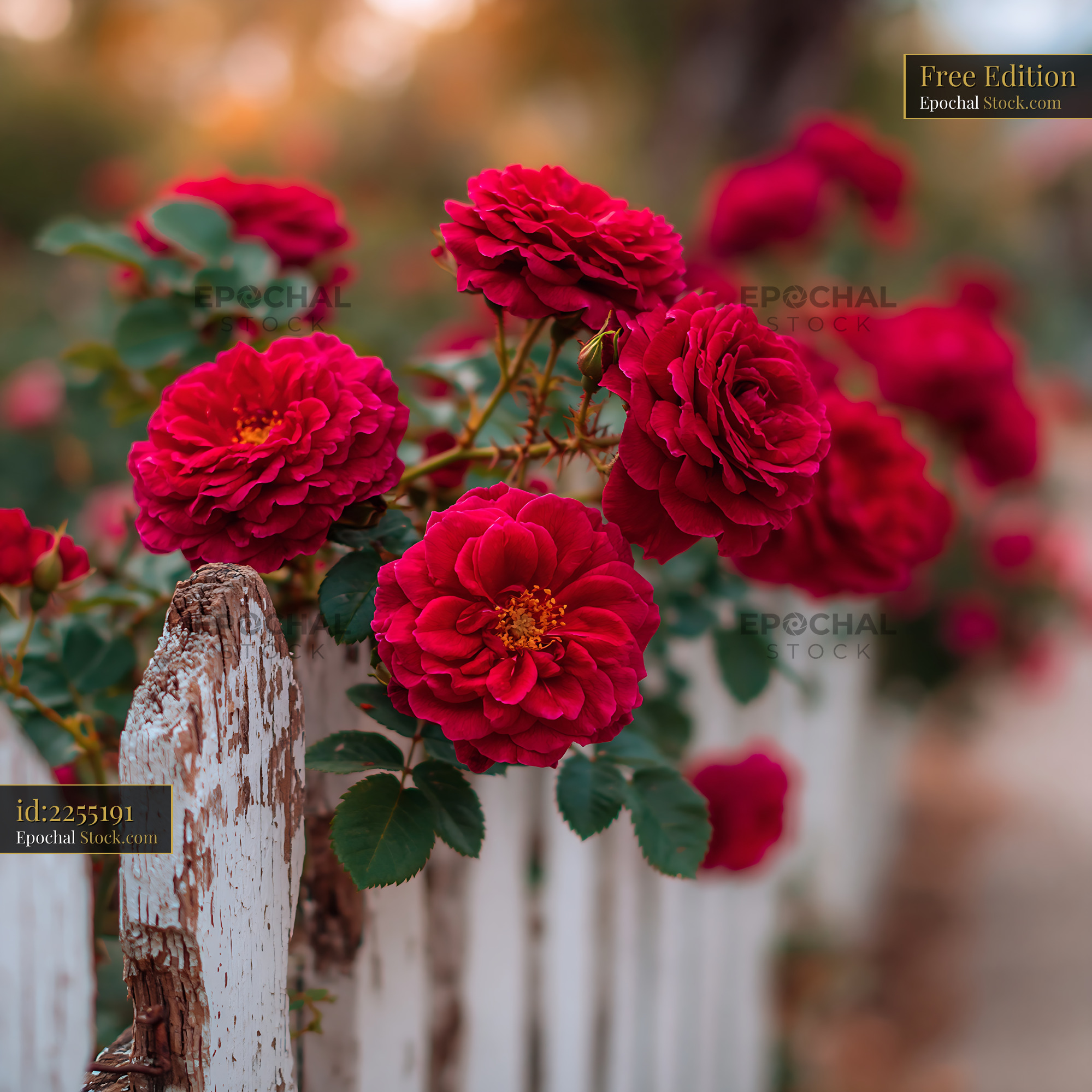 Red climbing roses blooming over a rustic white picket fence - stock photo