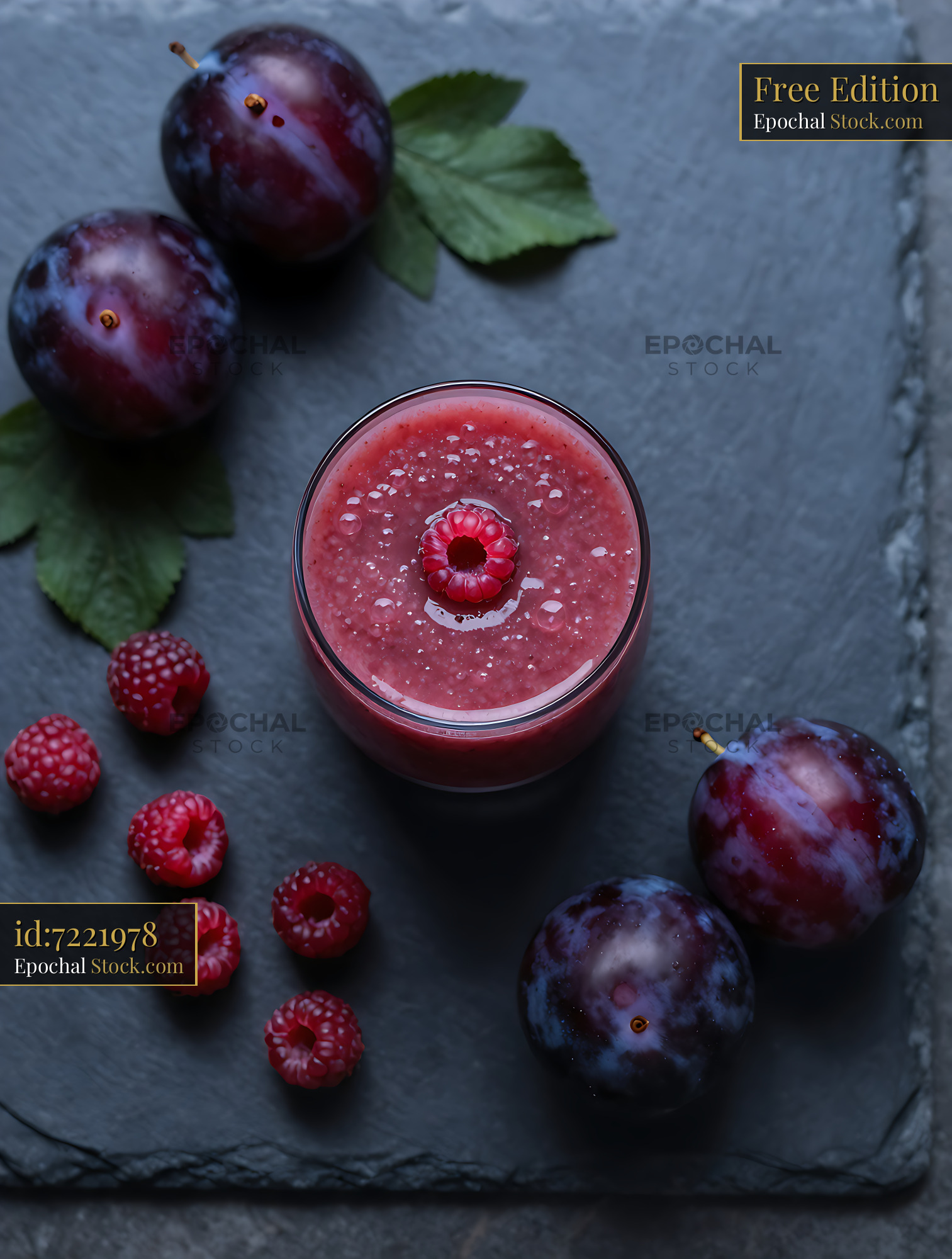 Damson Dewdrop smoothie with fresh plums and raspberries on slate - stock photo