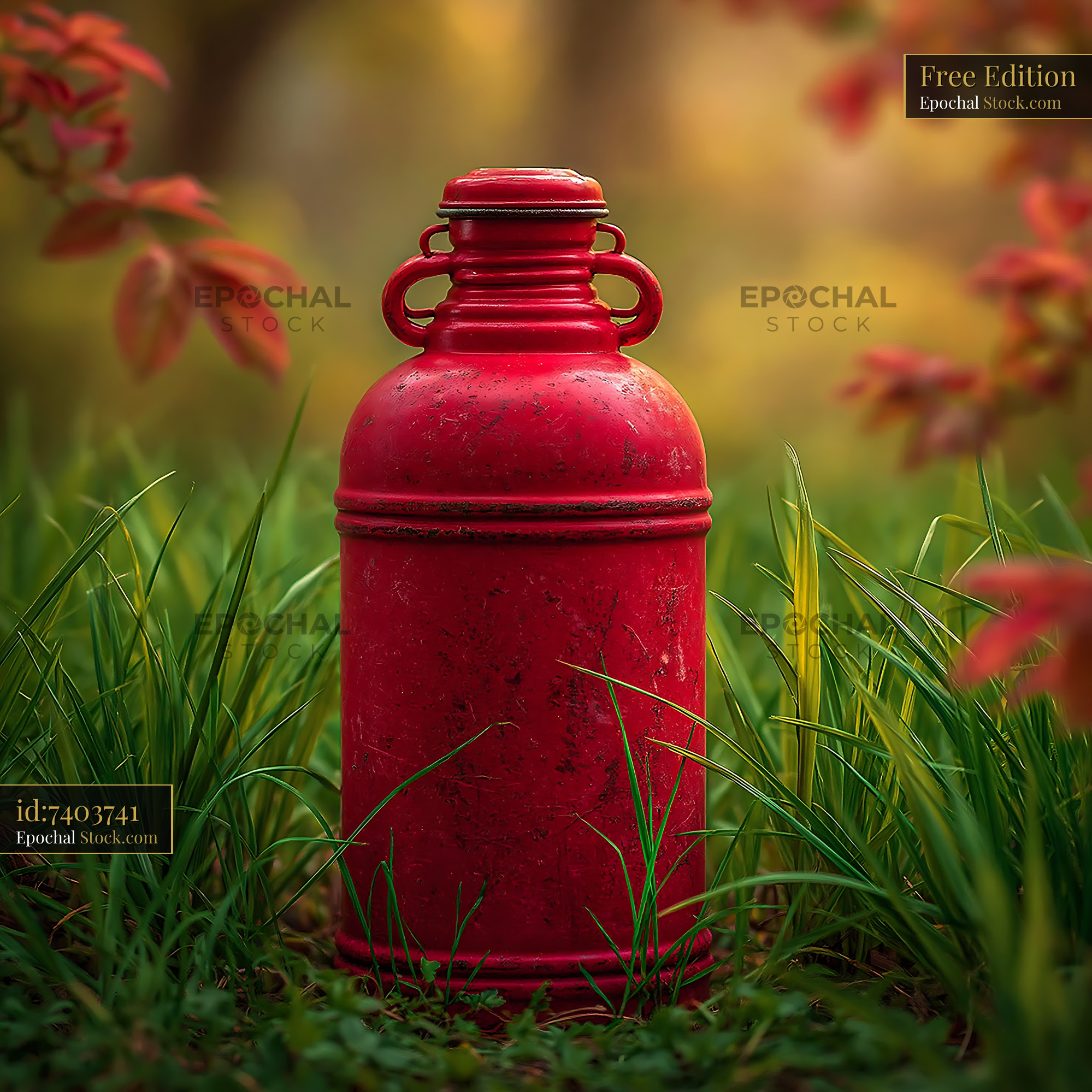 Vintage red milk can standing in lush green grass during autumn - stock photo