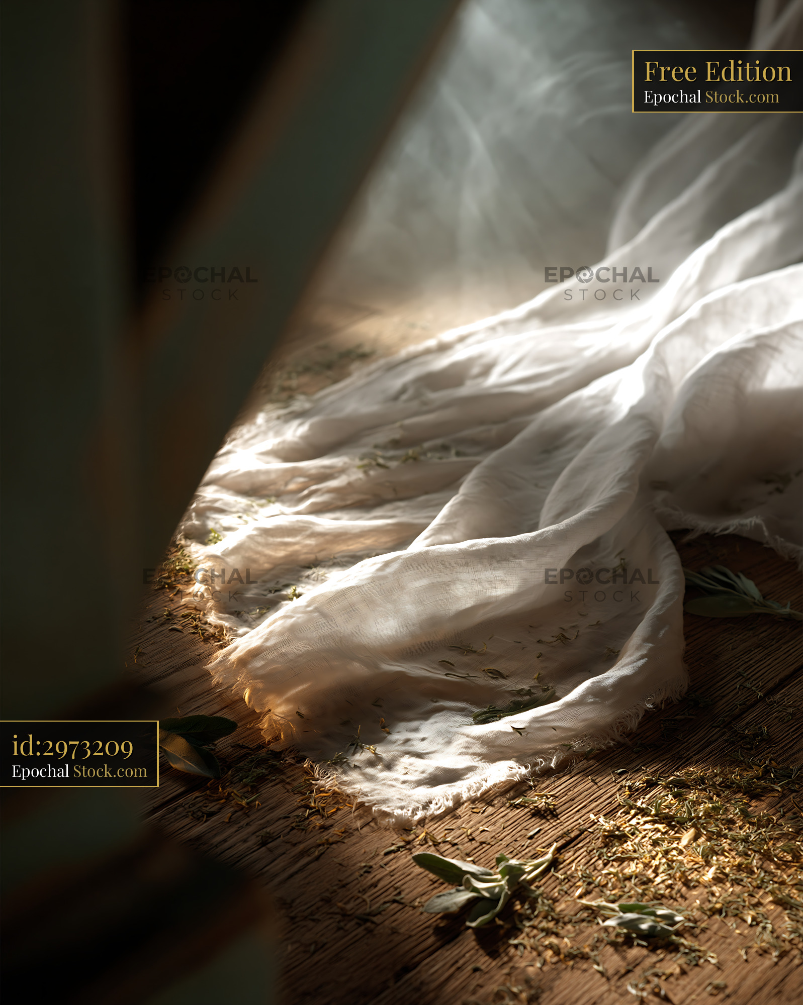 White linen curtains draped on rustic wooden floor in bright sunlight - stock photo