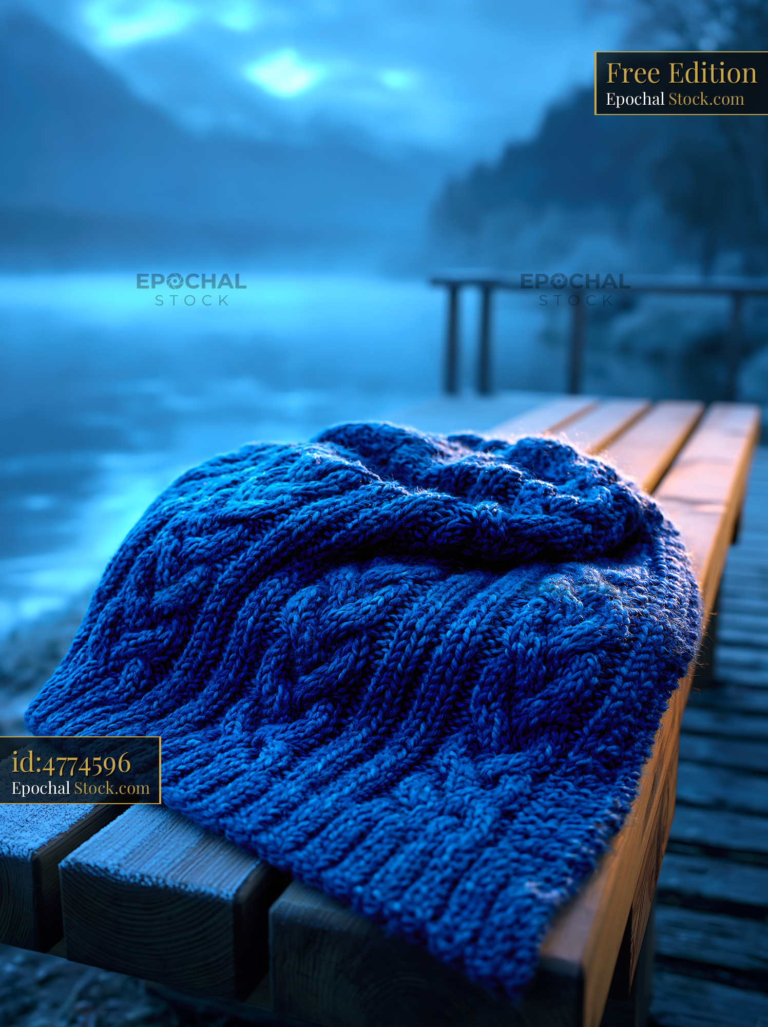 Blue knitted throw on a wooden bench by a misty lake at dawn - stock photo