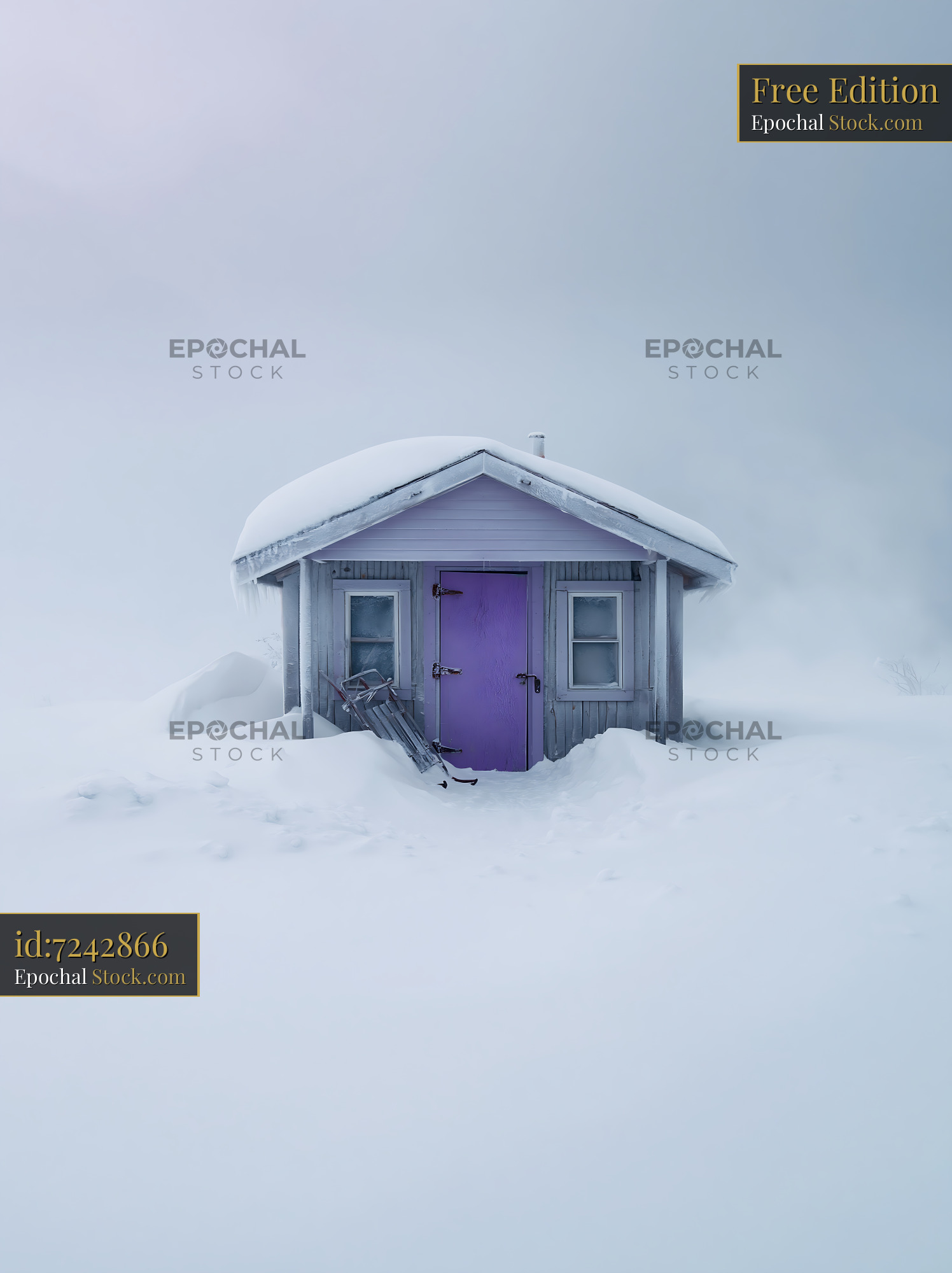 Small purple cabin buried in deep winter snow under a foggy sky - stock photo