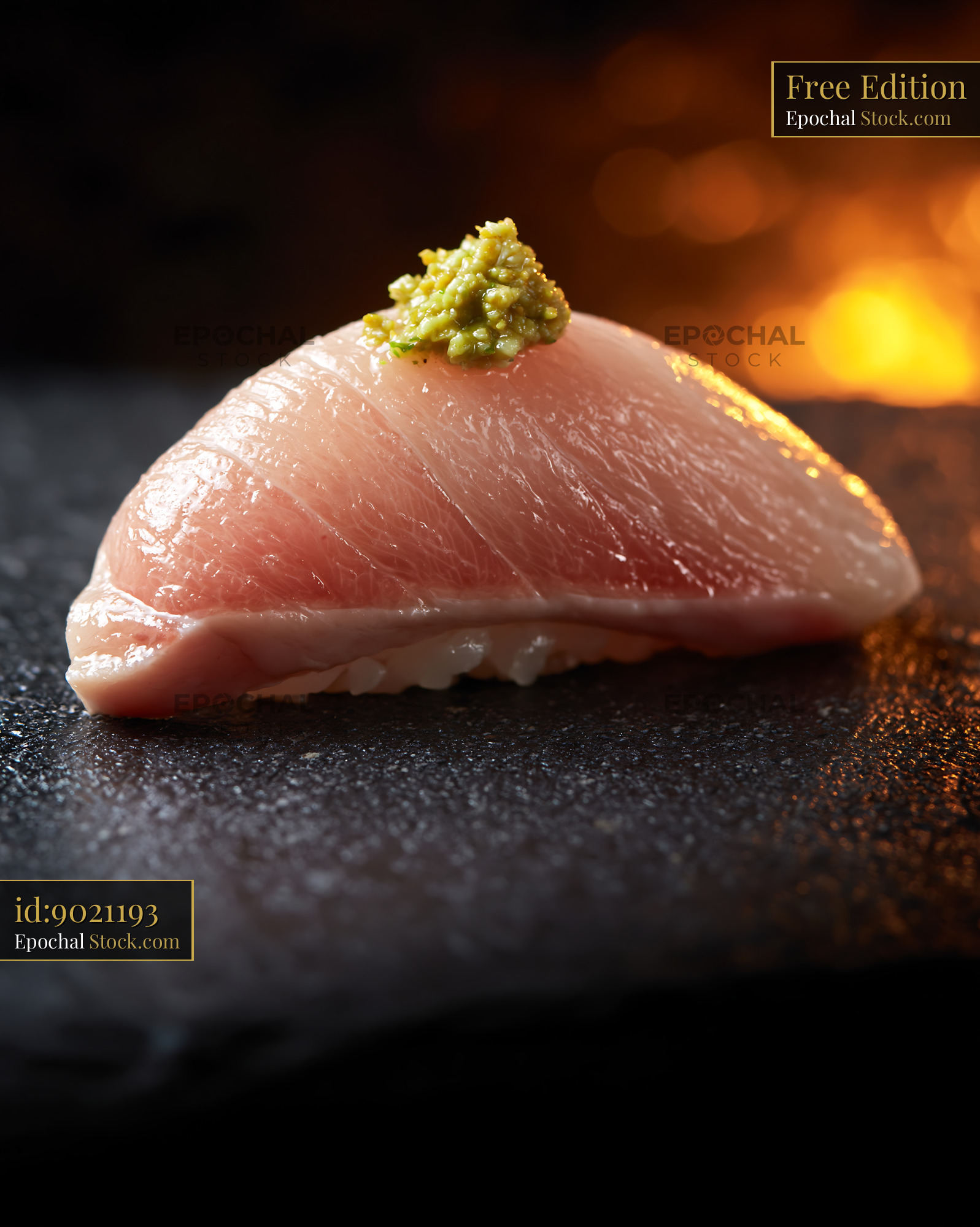 Yellowtail nigiri sushi with yuzu kosho on dark stone plate - stock photo
