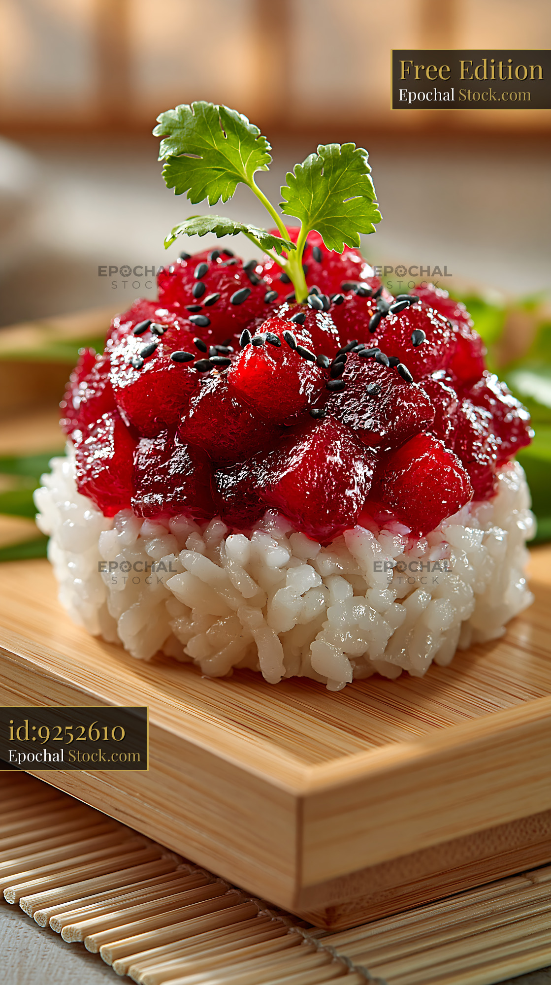 Gourmet beet tartare sushi with black sesame and cilantro - stock photo