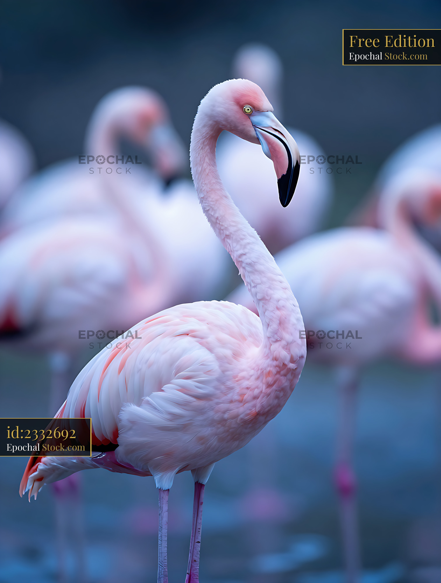 Greater Flamingo standing in a flock during blue hour - stock photo