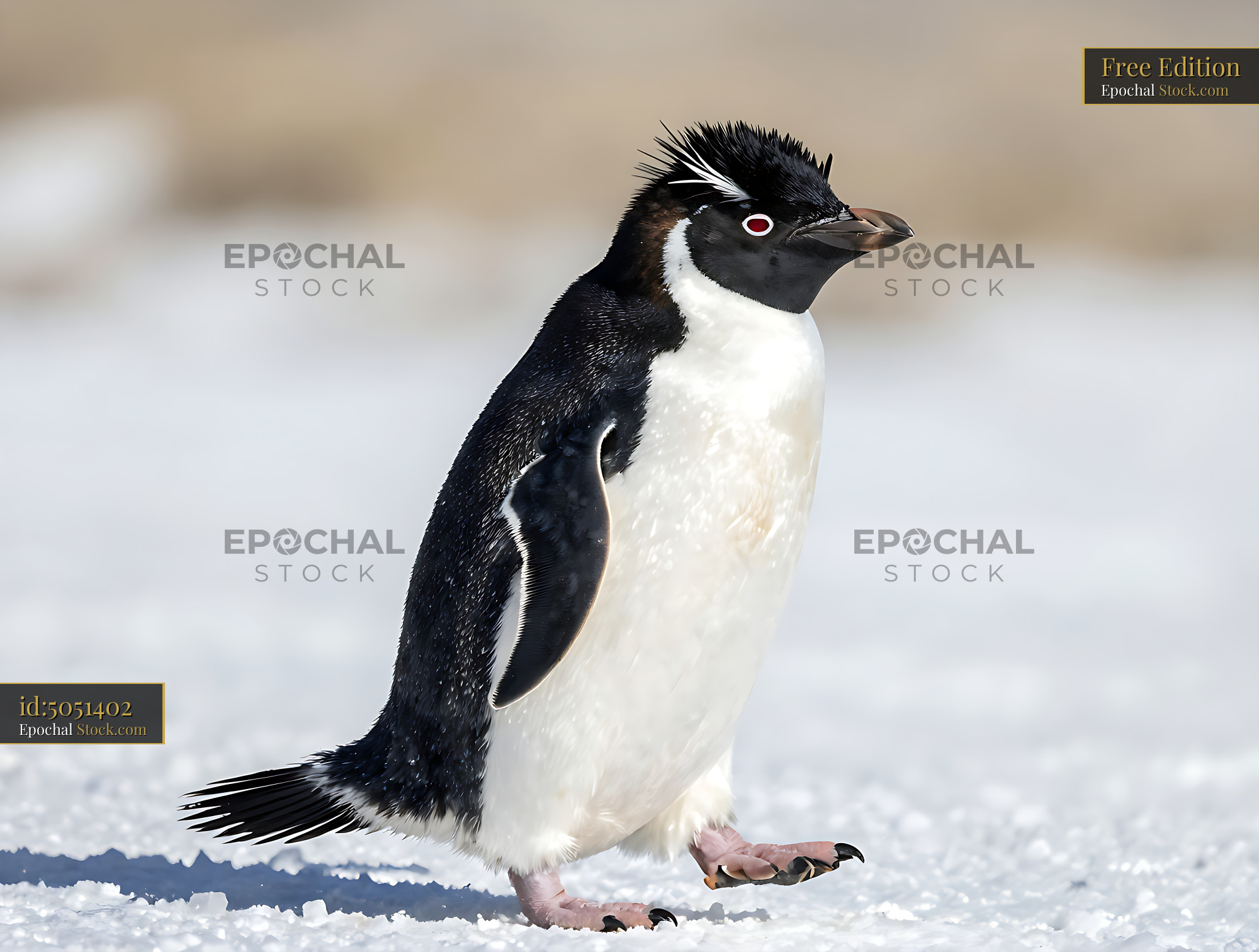 Northern rockhopper penguin walking on snow in bright daylight - stock photo