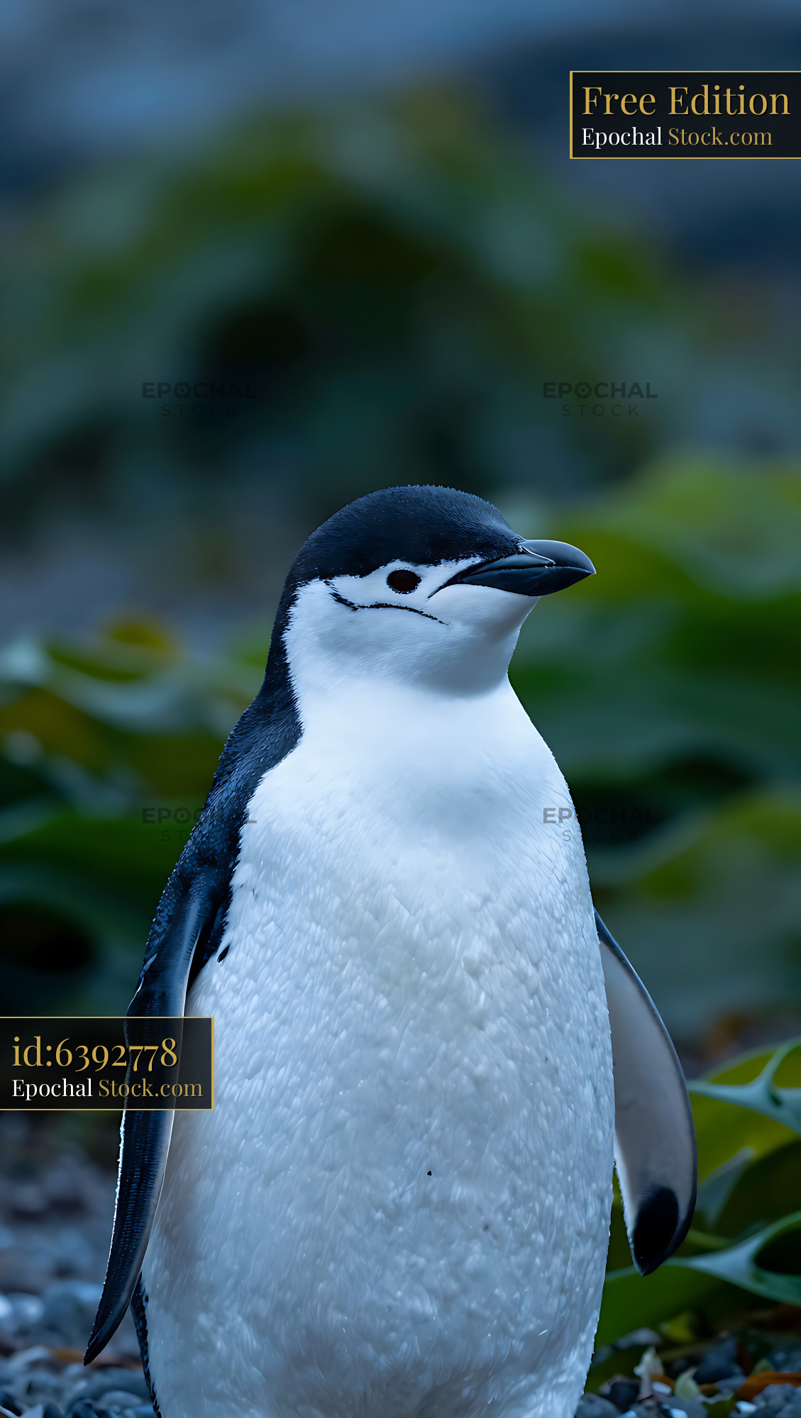 Chinstrap penguin standing in natural habitat with green background - stock photo