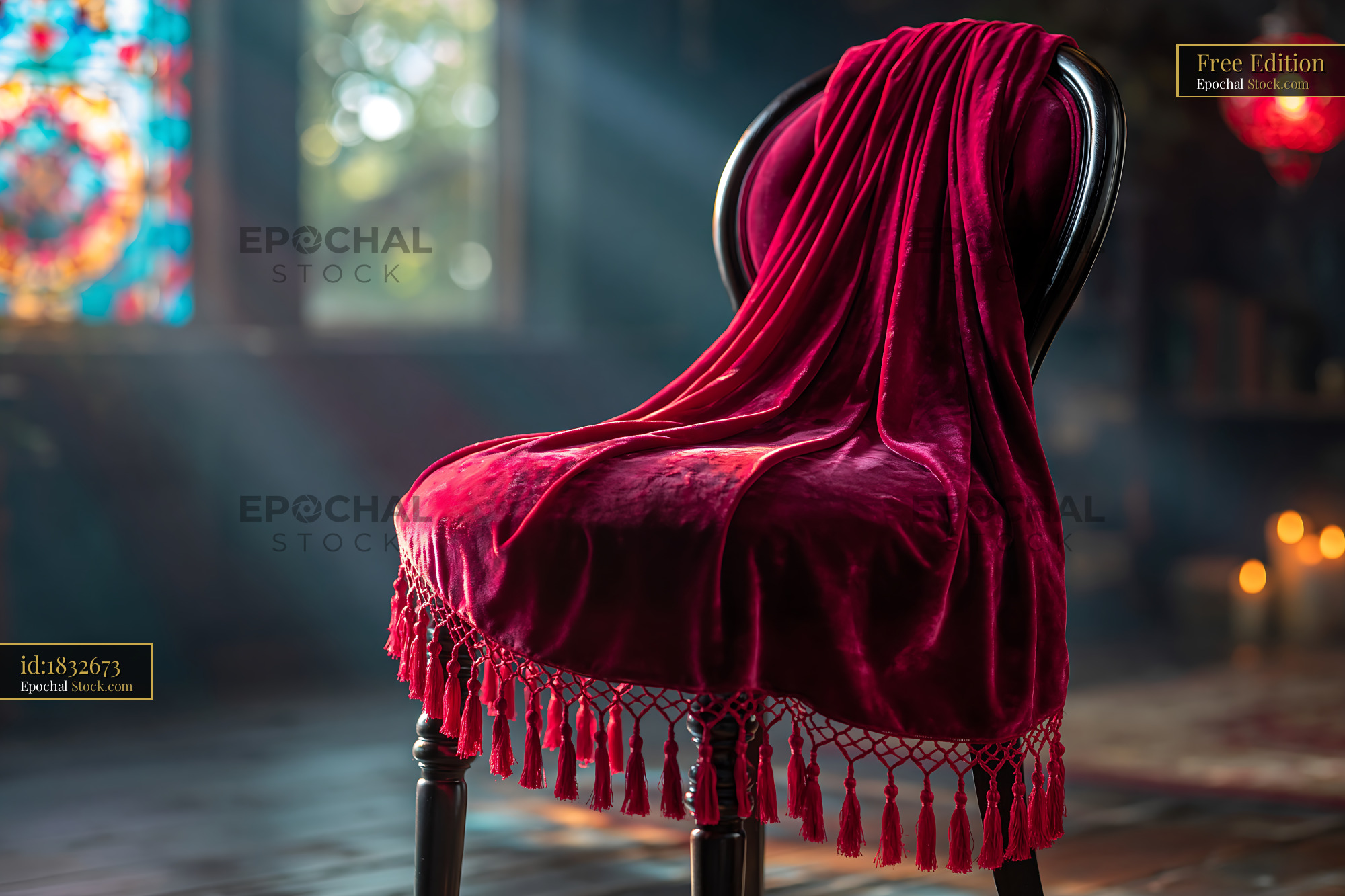 Vintage wooden seat with throw in a room with stained glass window