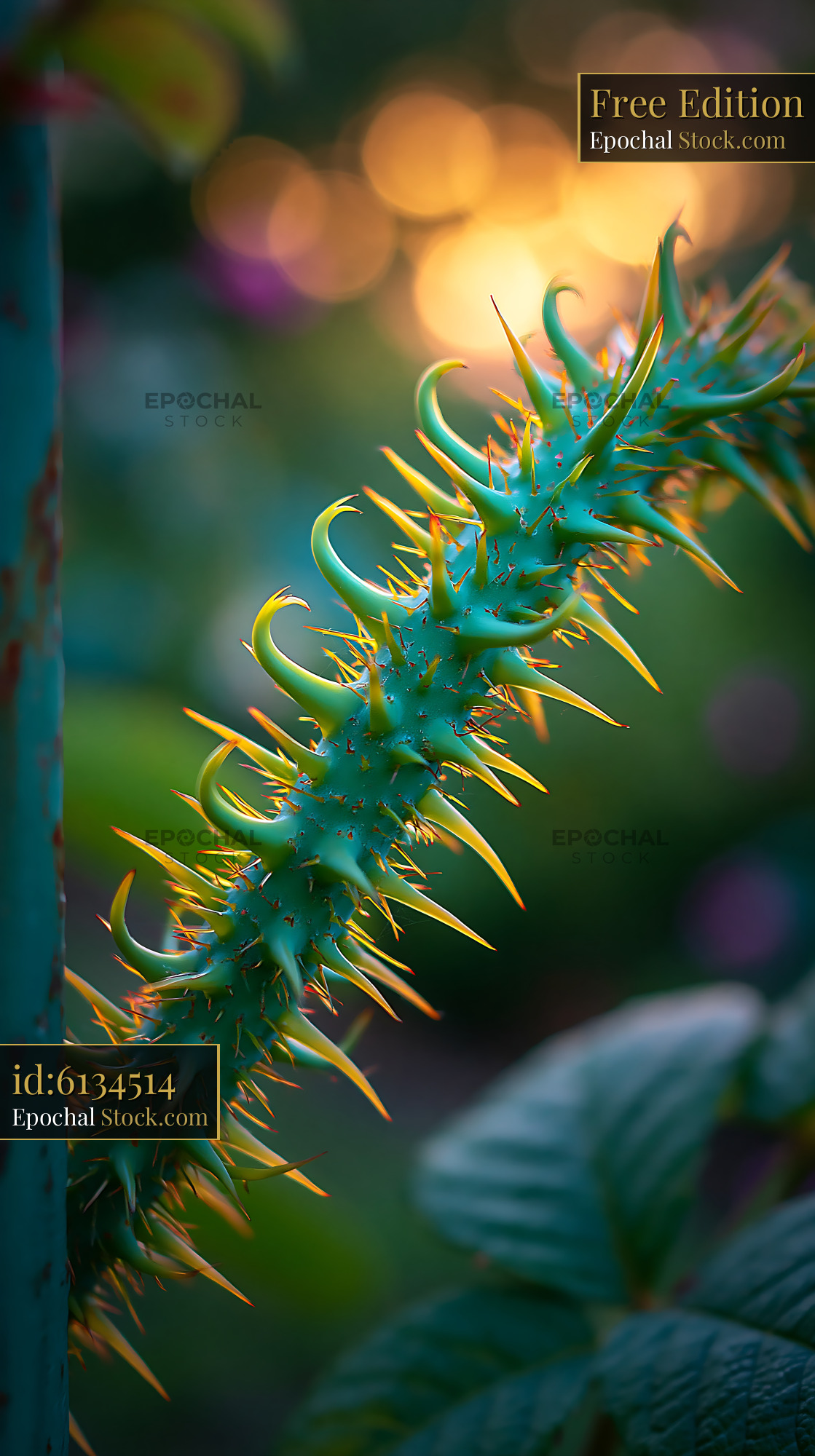 Close up rose thorns on a green stem during golden hour - stock photo