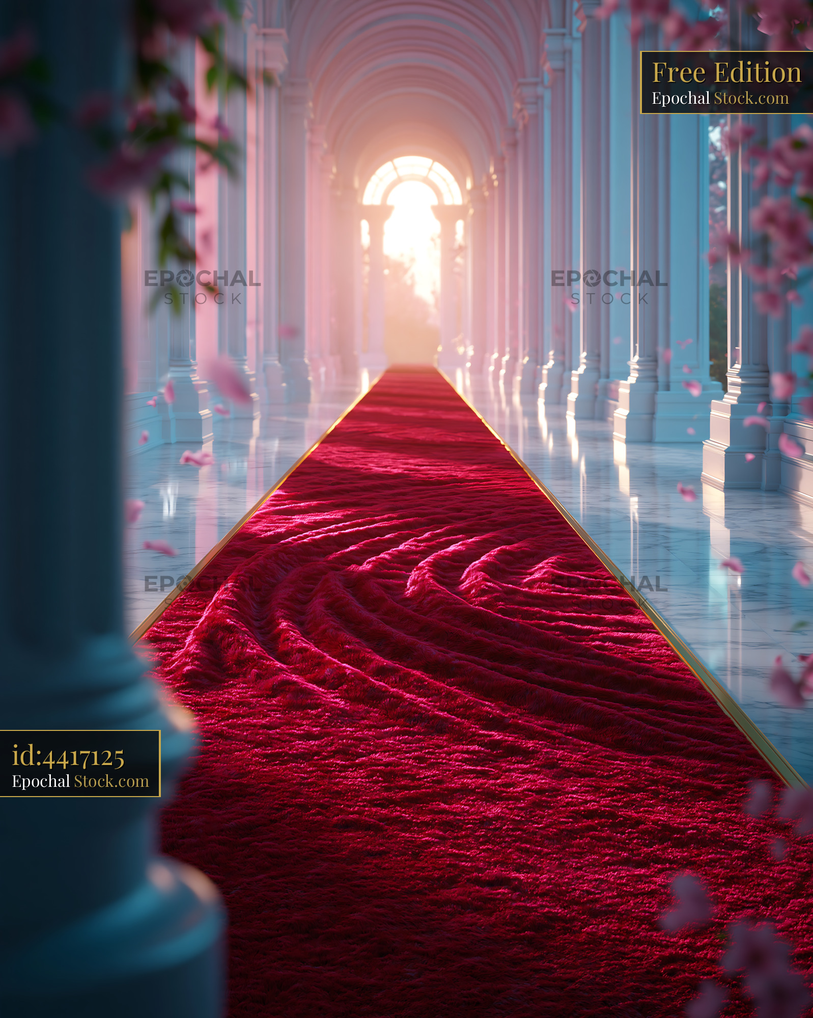 Red carpet path long perspective through a white marble hallway - stock photo