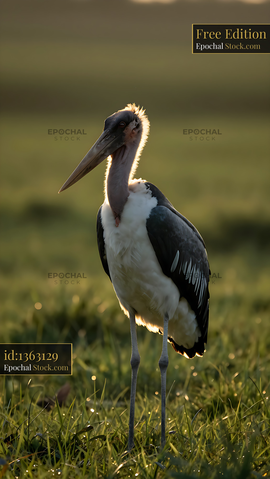 Marabou stork with backlit feathers in a grassy field at golden hour - stock photo