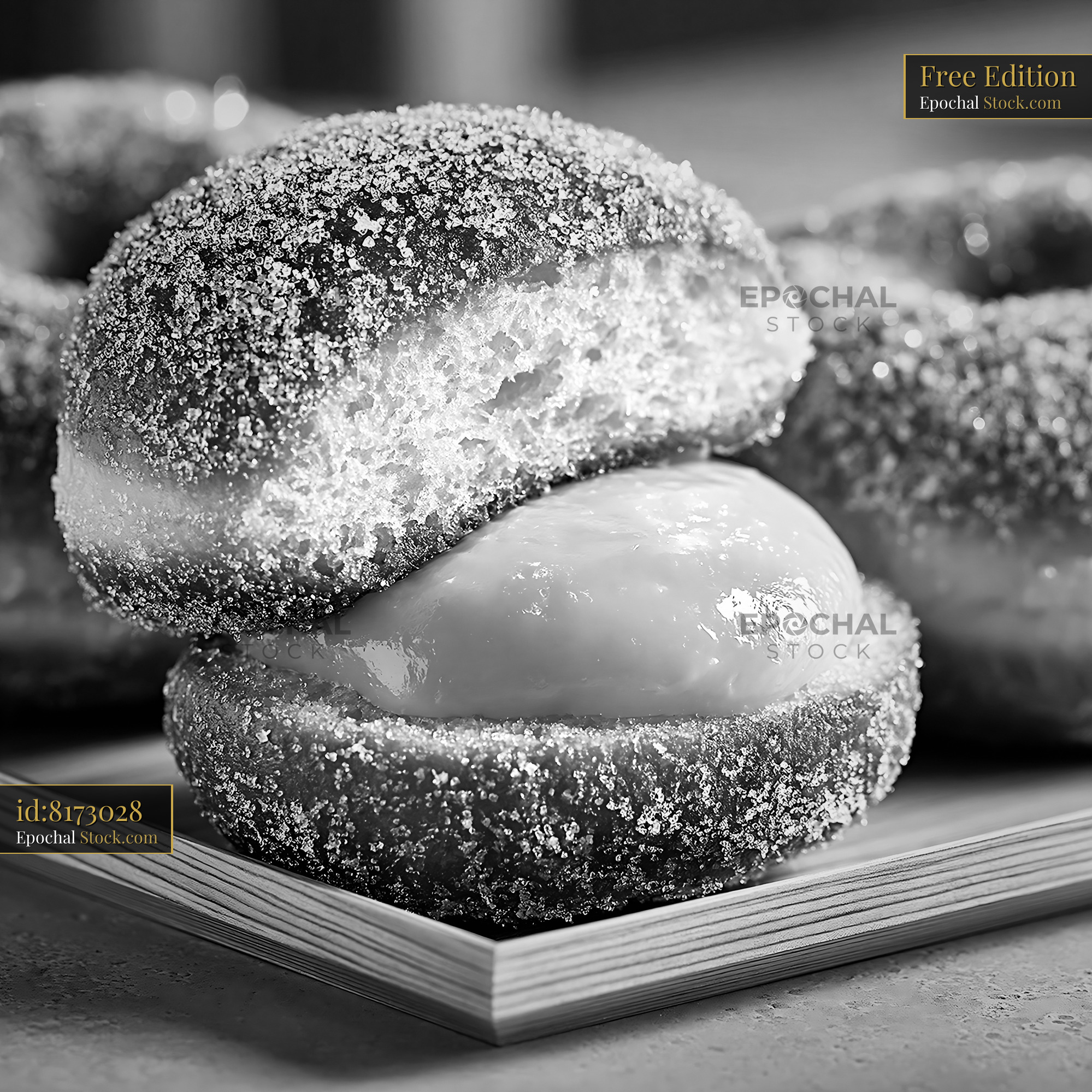 Sugar coated donut with creamy pandan custard filling in monochrome - stock photo