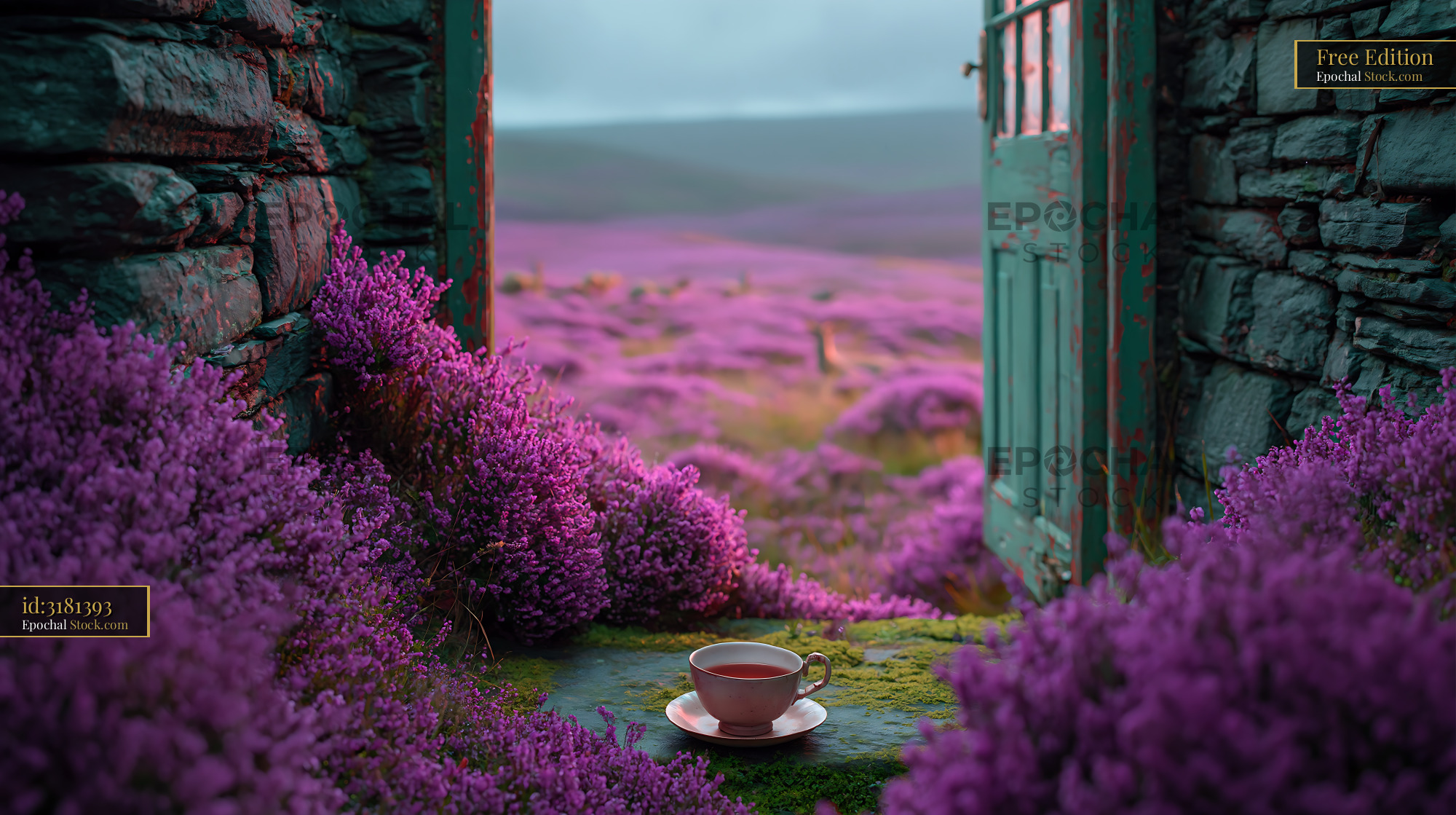 Teacup on mossy stone doorstep overlooking a field of blooming heather - stock photo
