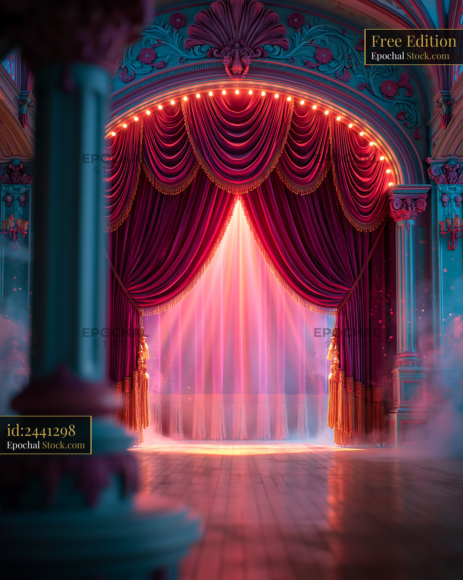 Ornate theater stage with red velvet curtains and gold fringe - stock photo